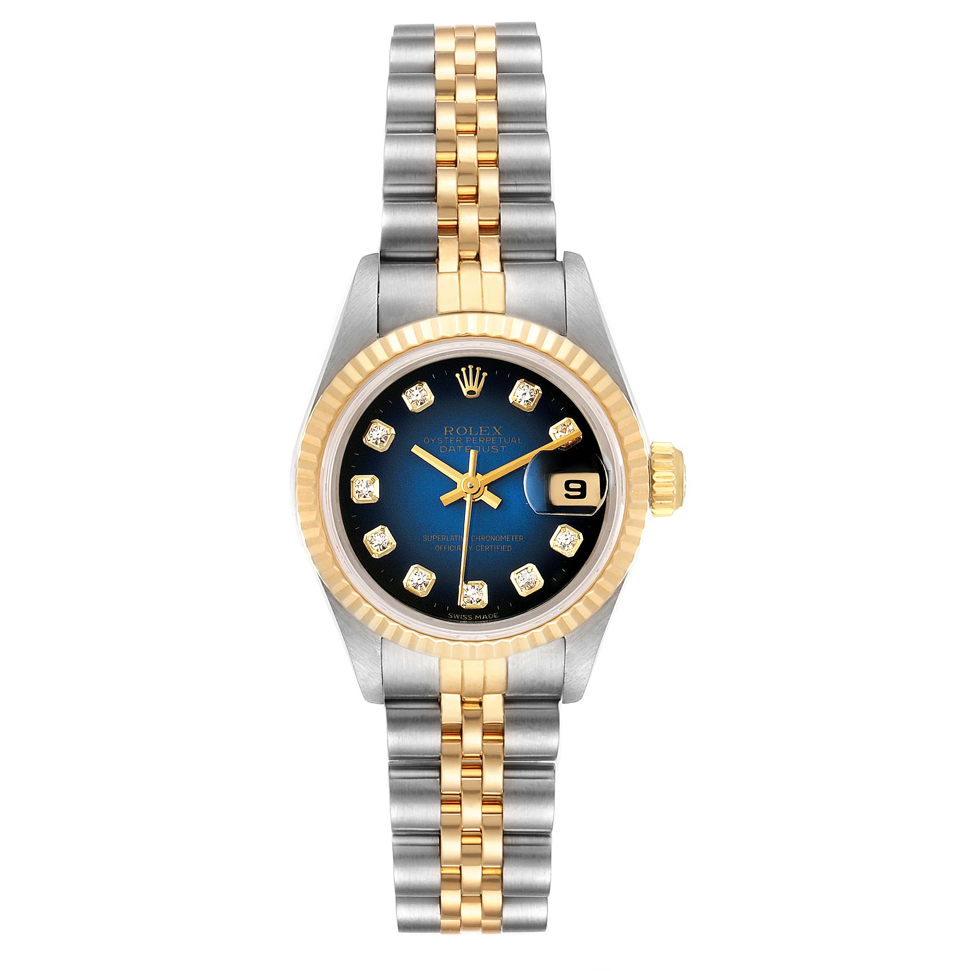 The image shows a front view of the Rolex Datejust 69173 Women's Steel and Gold (two tone) Blue Dial 69173 Women's Steel and Gold (two tone) Blue Dial watch, capturing the dial, bezel, and the full bracelet.