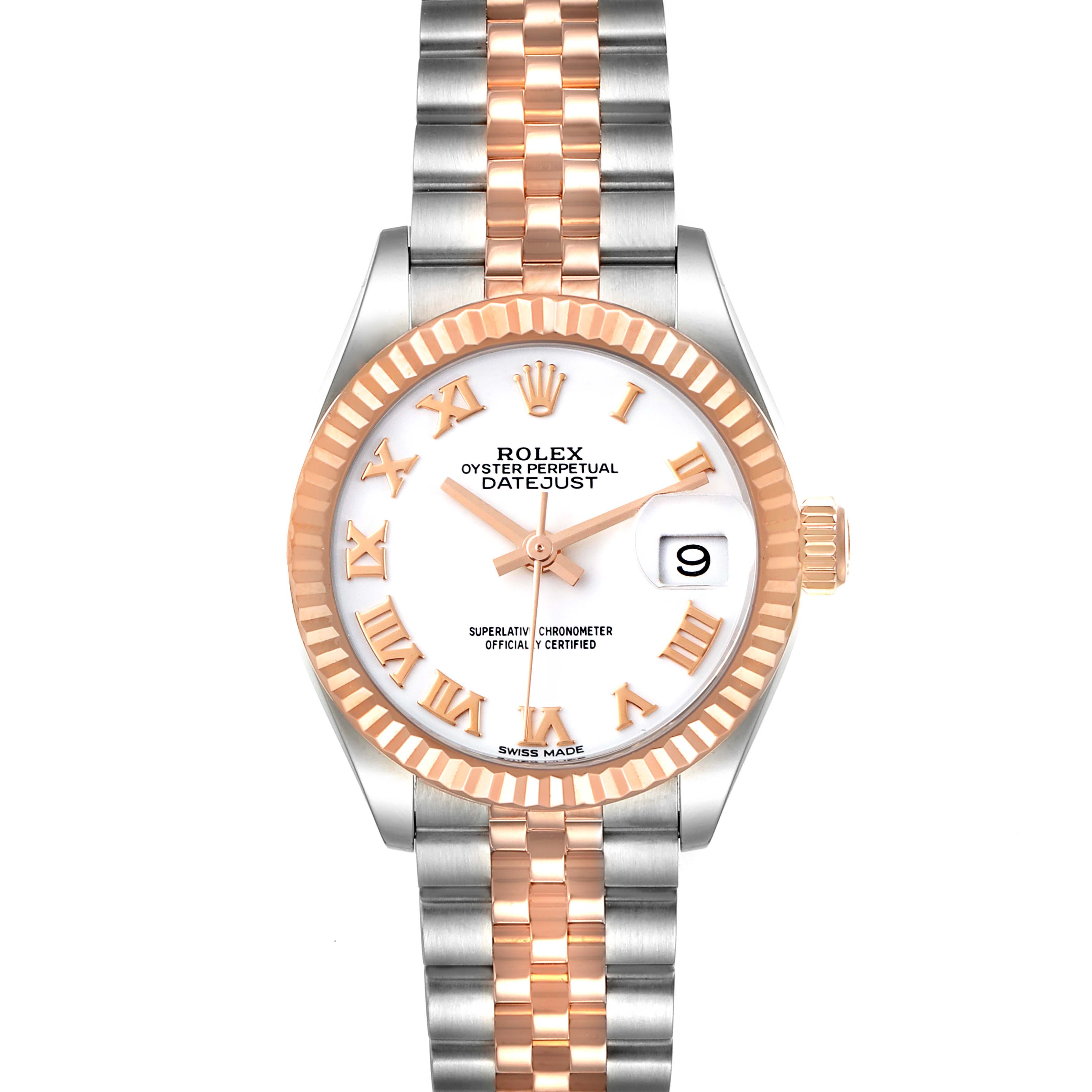 This image shows a front view of a Rolex Datejust 279171 Women
s Stainless Steel White Dial 279171 Women
s Stainless Steel White Dial watch with a two-tone bracelet and a fluted bezel.