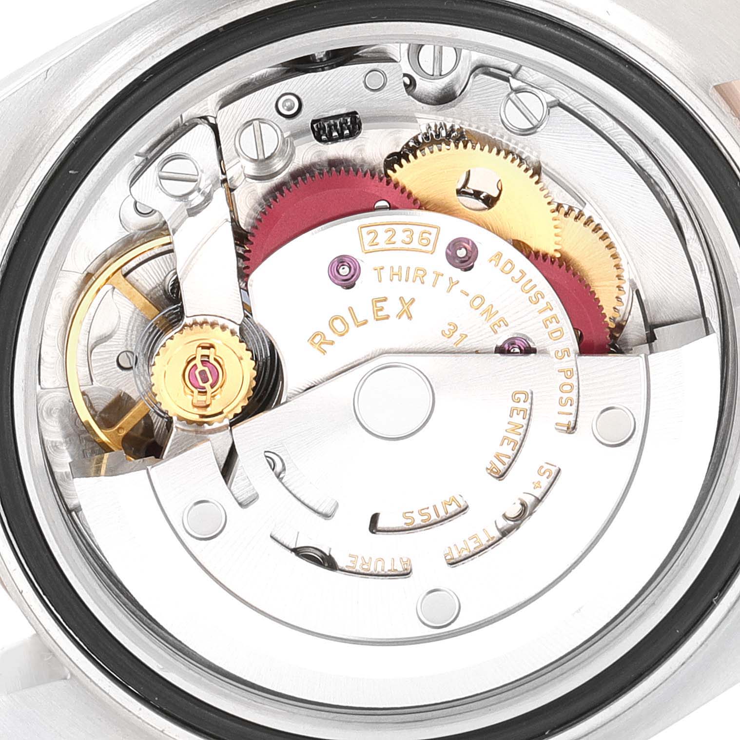 This image shows the internal mechanism of a Rolex Datejust 279171 Women
s Stainless Steel White Dial 279171 Women
s Stainless Steel White Dial watch, viewed from the back.