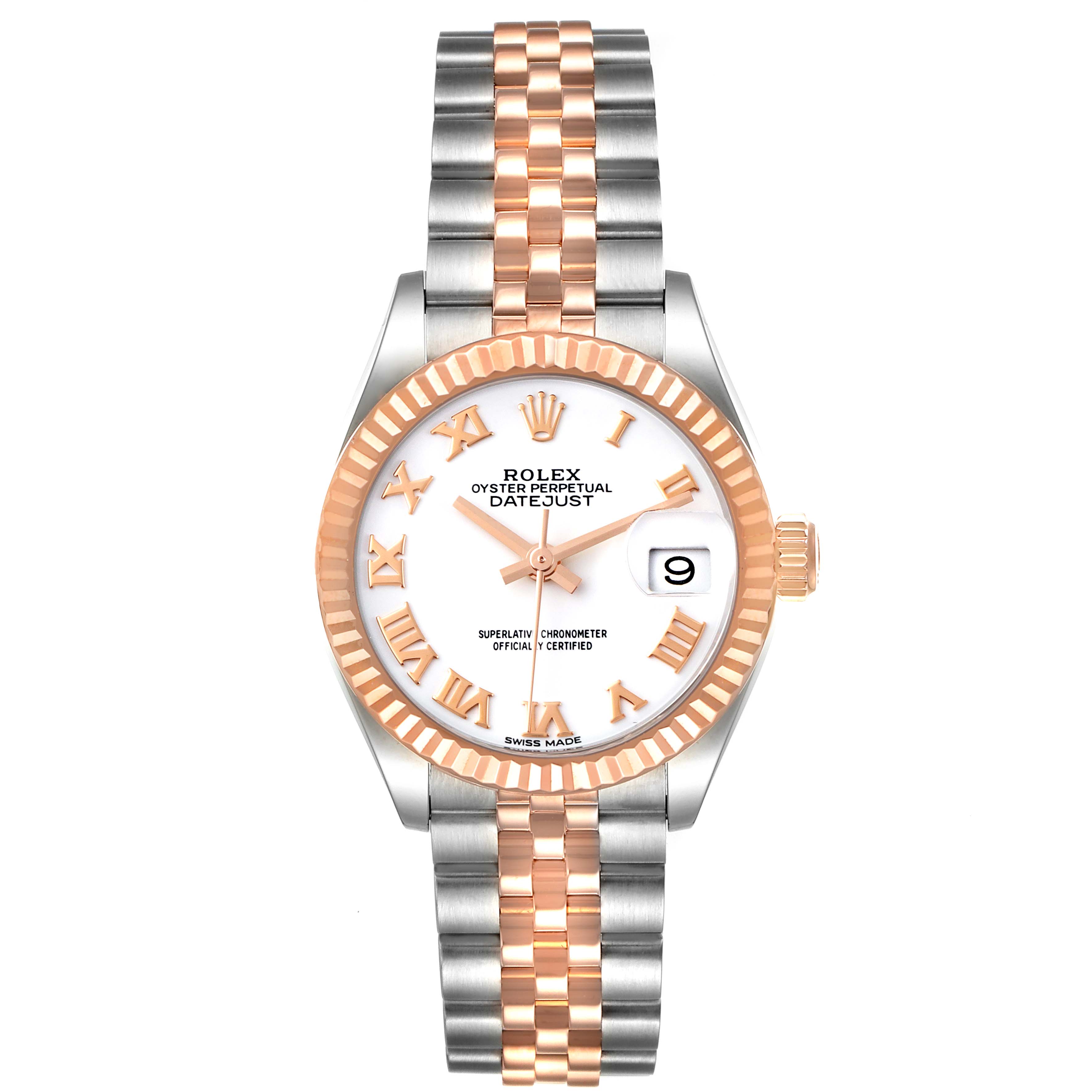 This is a front view of a Rolex Datejust 279171 Women
s Stainless Steel White Dial 279171 Women
s Stainless Steel White Dial watch, showing the dial, bezel, and two-tone bracelet.