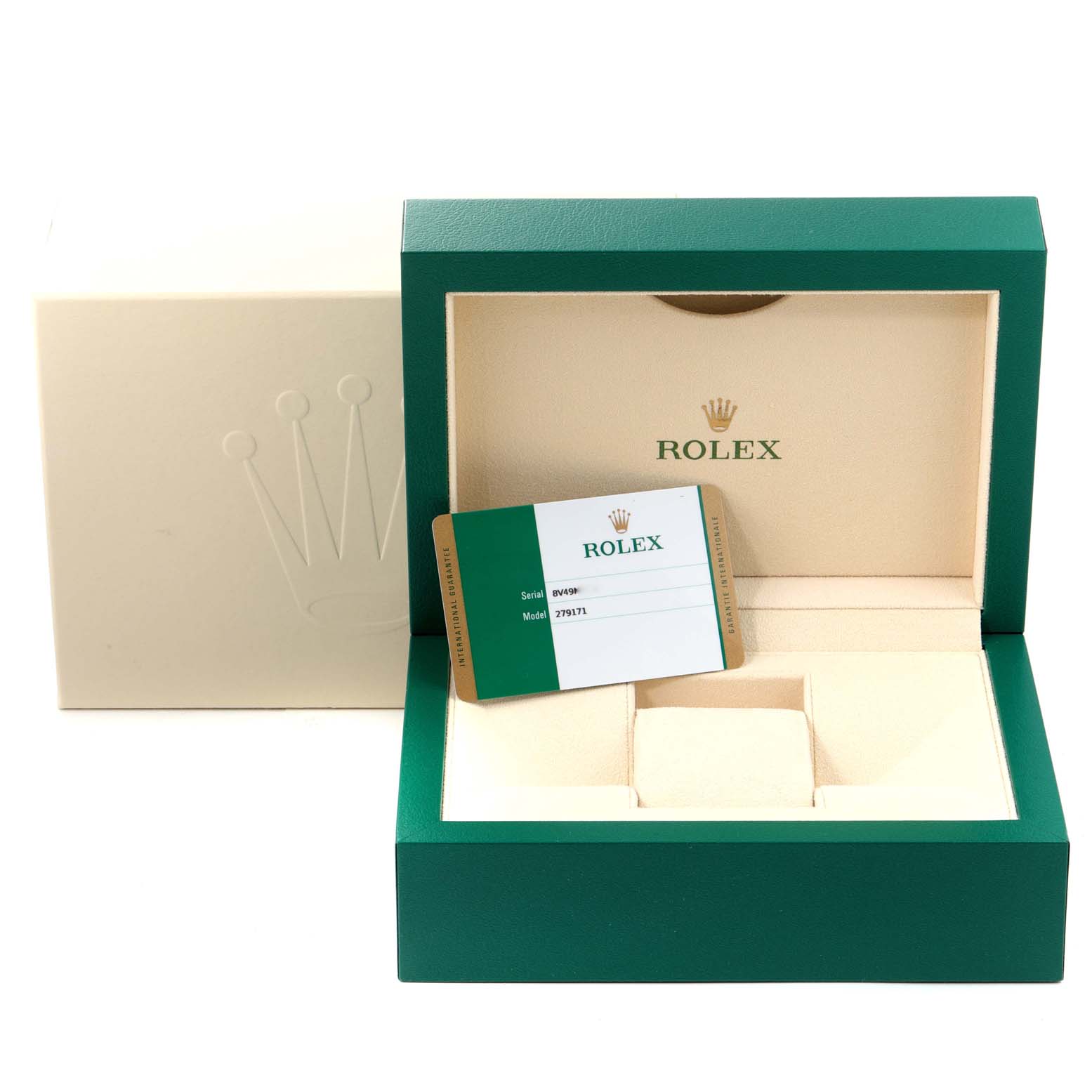 The image shows a Rolex Datejust 279171 Women
s Stainless Steel White Dial 279171 Women
s Stainless Steel White Dial watch box with its warranty card inside, viewed from the front.