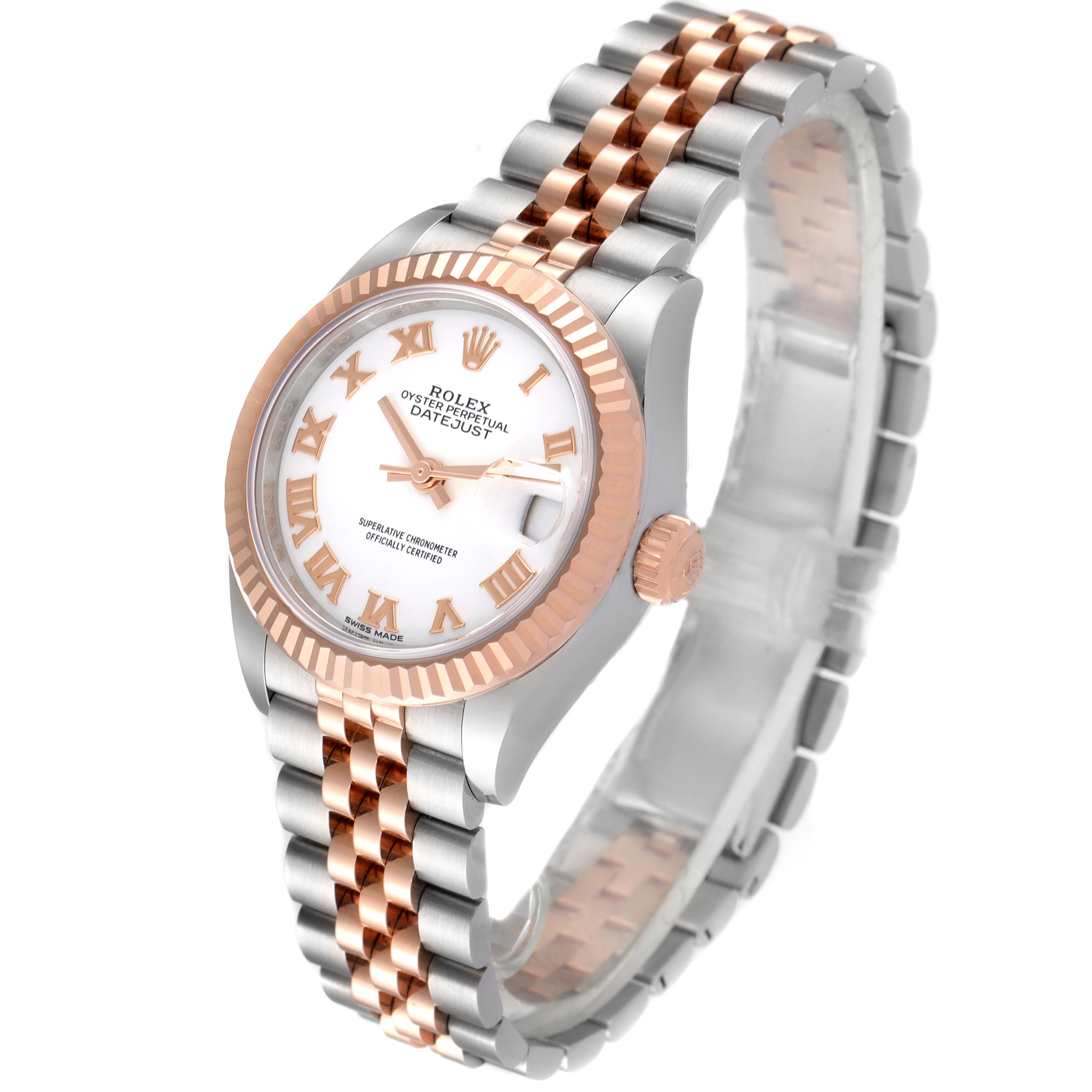 This image shows a Rolex Datejust 279171 Women
s Stainless Steel White Dial 279171 Women
s Stainless Steel White Dial watch angled from the front-left, highlighting its dial, bezel, crown, and two-tone bracelet.