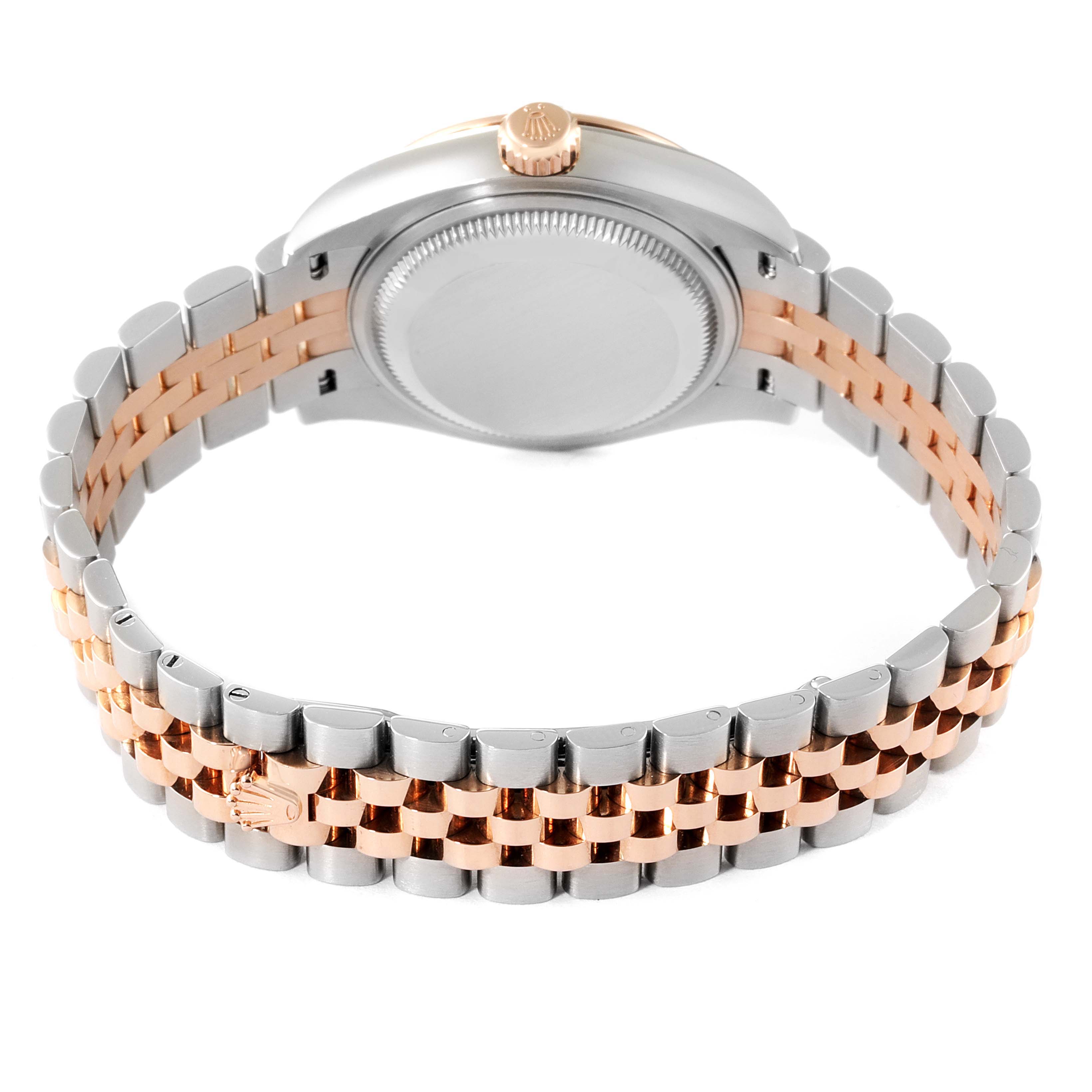 This image shows the back view of a Rolex Datejust 279171 Women
s Stainless Steel White Dial 279171 Women
s Stainless Steel White Dial watch, highlighting the metal case and two-tone bracelet.