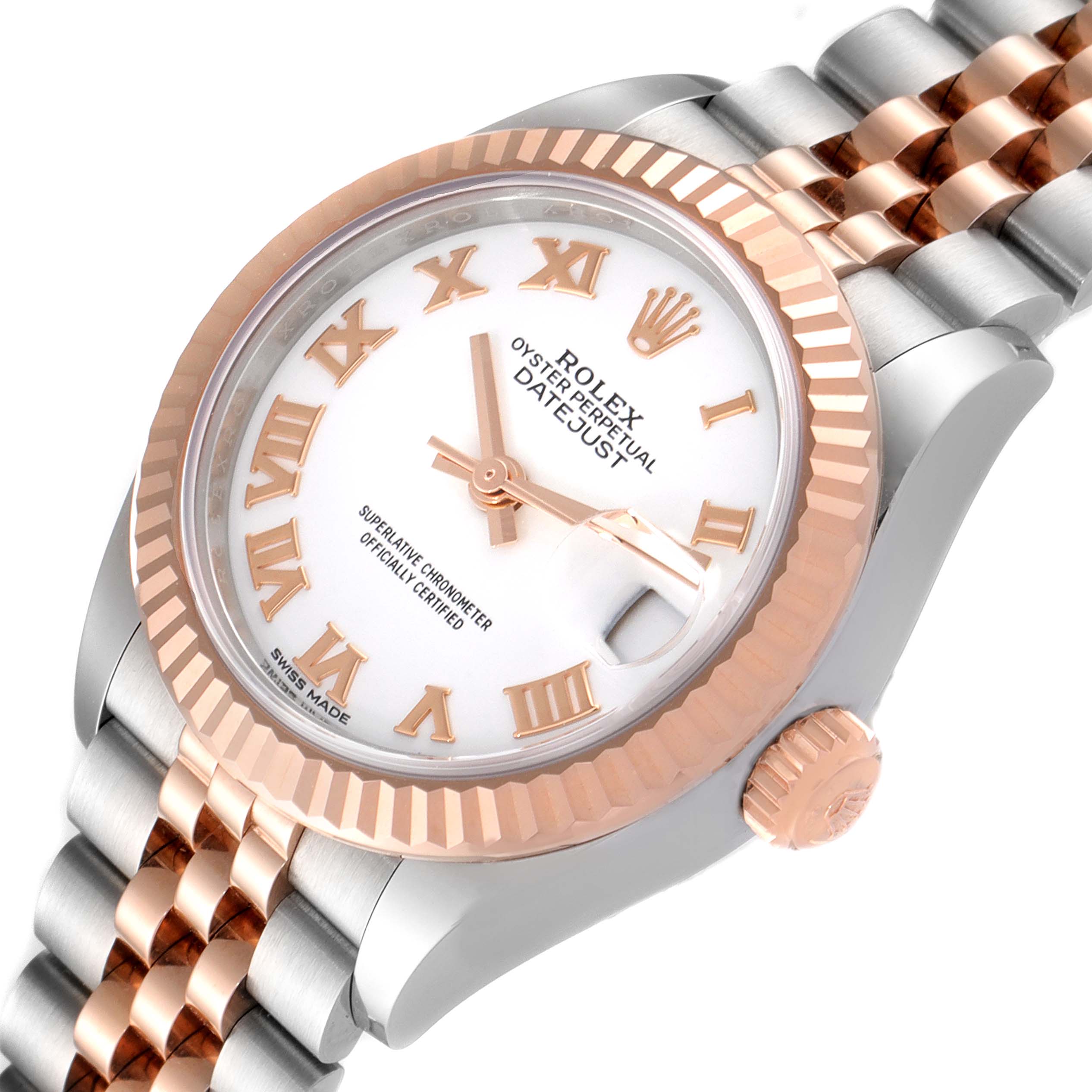 This Rolex Datejust 279171 Women
s Stainless Steel White Dial 279171 Women
s Stainless Steel White Dial watch image showcases a close-up of the face, bezel, crown, and part of the bracelet at an angle.