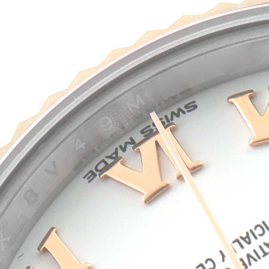 The image shows a close-up of the Rolex Datejust 279171 Women
s Stainless Steel White Dial 279171 Women
s Stainless Steel White Dial watch, focusing on the bezel, dial, and Roman numeral hour markers.