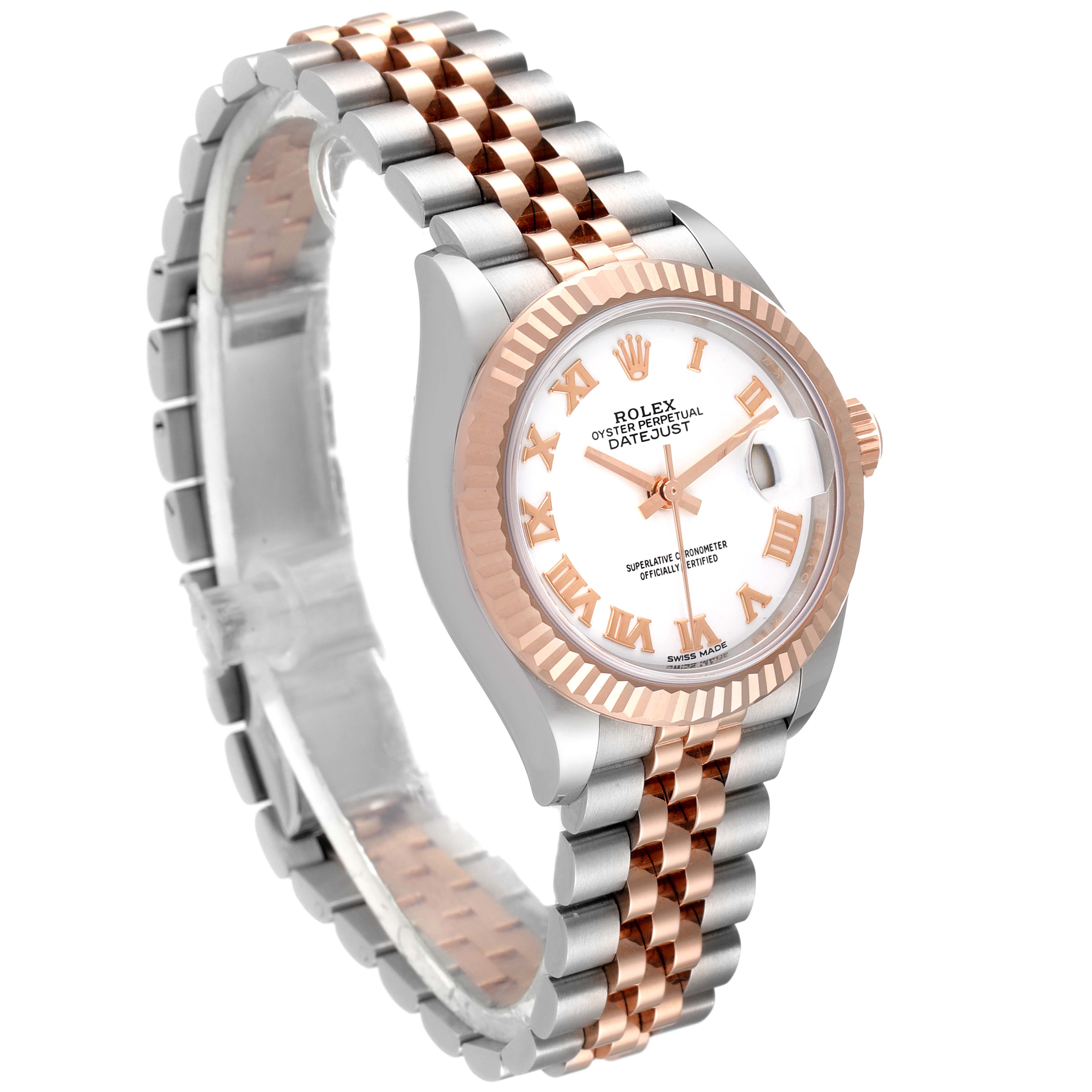 The image shows a side-angle view of a Rolex Datejust 279171 Women
s Stainless Steel White Dial 279171 Women
s Stainless Steel White Dial watch, highlighting the dial, bezel, and bracelet.