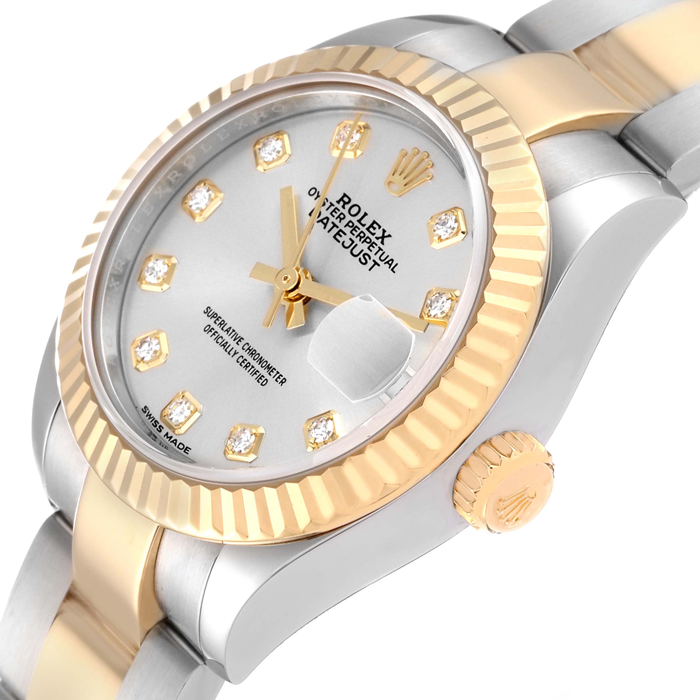 The image shows a Rolex Datejust 279173 Women's Steel and Gold (two tone) Silver Dial 279173 Women's Steel and Gold (two tone) Silver Dial watch at a slight angle, displaying the face, bezel, crown, and part of the bracelet.