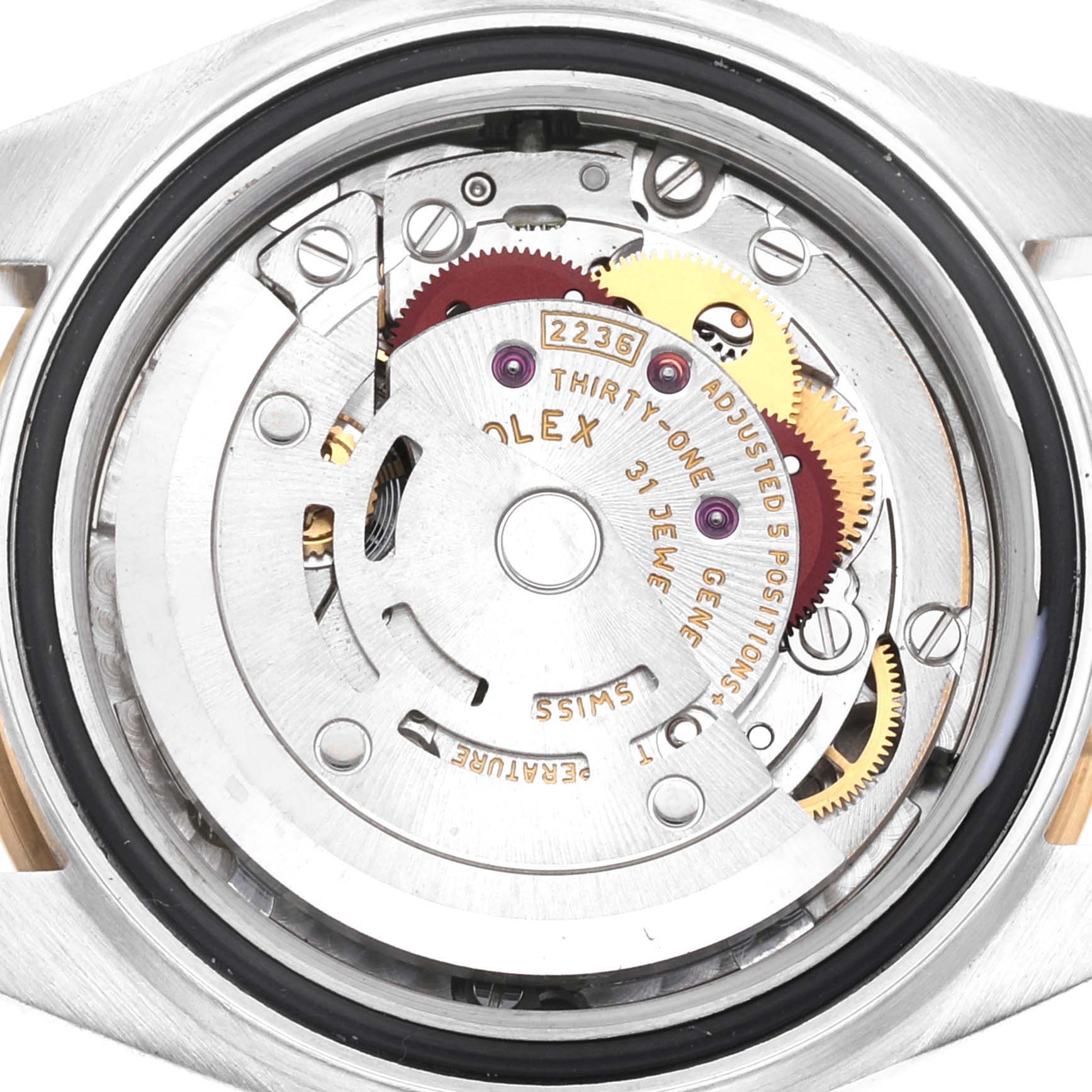 The image shows the internal mechanism of a Rolex Datejust 279173 Women's Steel and Gold (two tone) Silver Dial 279173 Women's Steel and Gold (two tone) Silver Dial watch, viewed from the back.