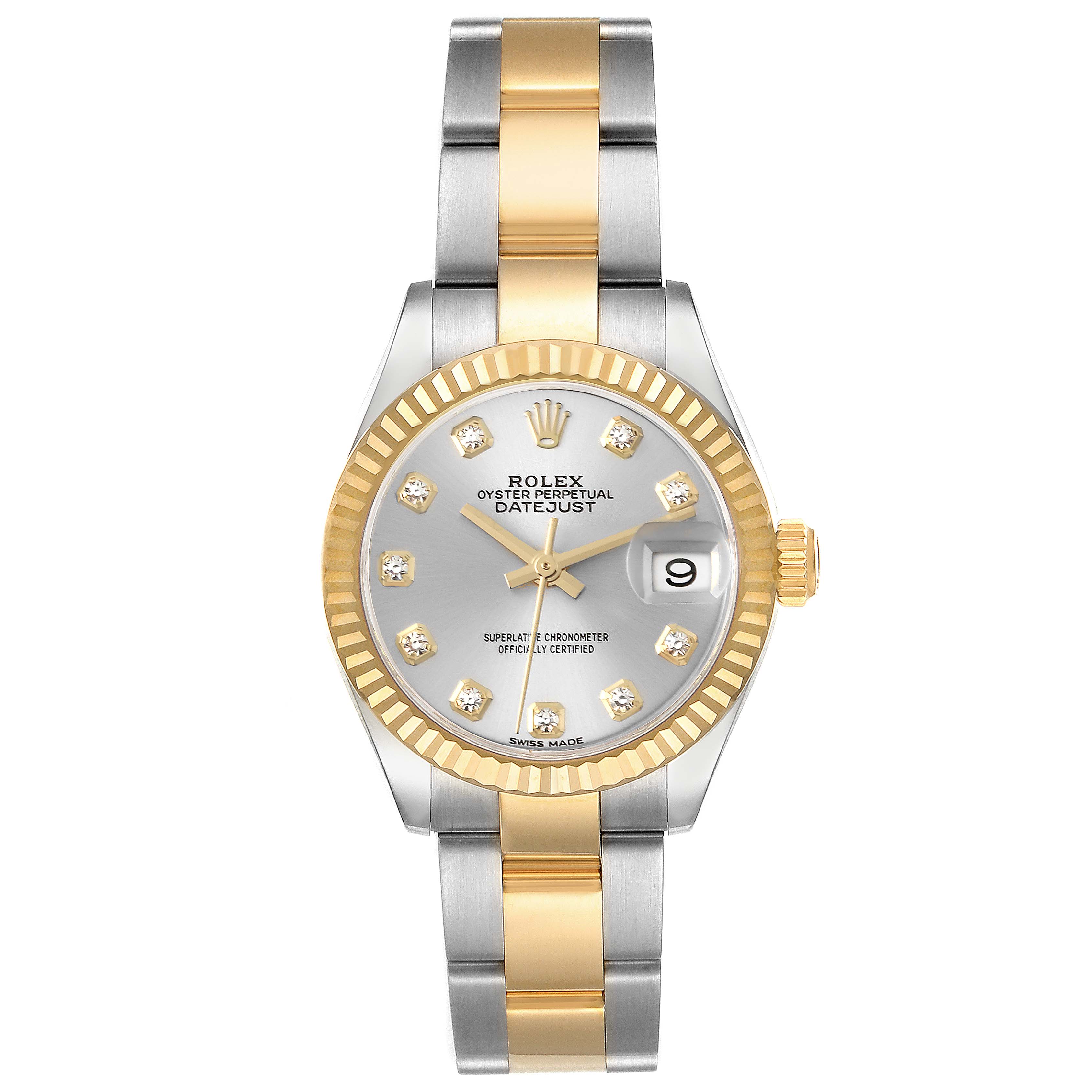 The image shows a front view of a Rolex Datejust 279173 Women's Steel and Gold (two tone) Silver Dial 279173 Women's Steel and Gold (two tone) Silver Dial watch, displaying its dial, bezel, and two-tone bracelet.