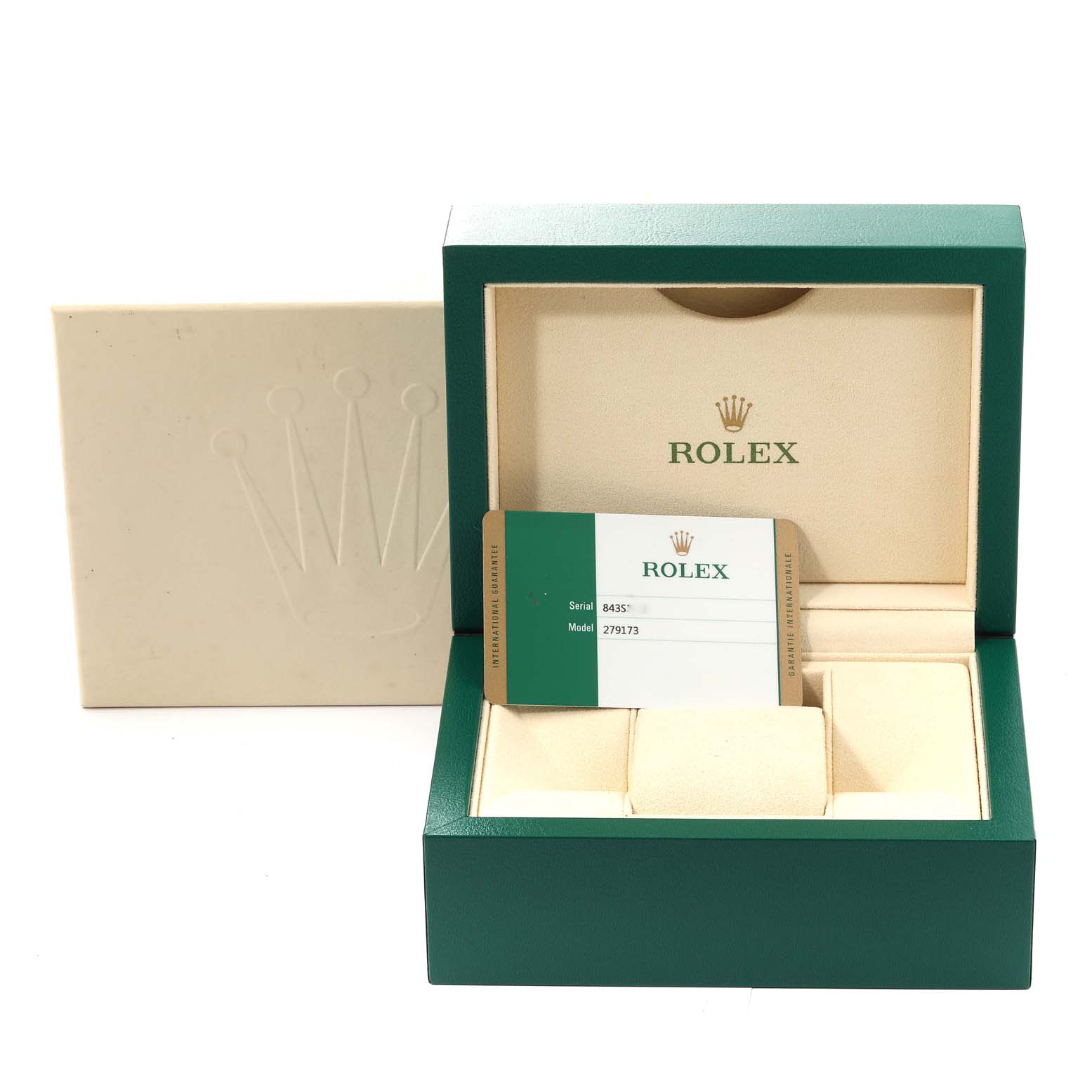 This image shows a green Rolex Datejust 279173 Women's Steel and Gold (two tone) Silver Dial 279173 Women's Steel and Gold (two tone) Silver Dial watch box, open to reveal the interior, and an authentication card.