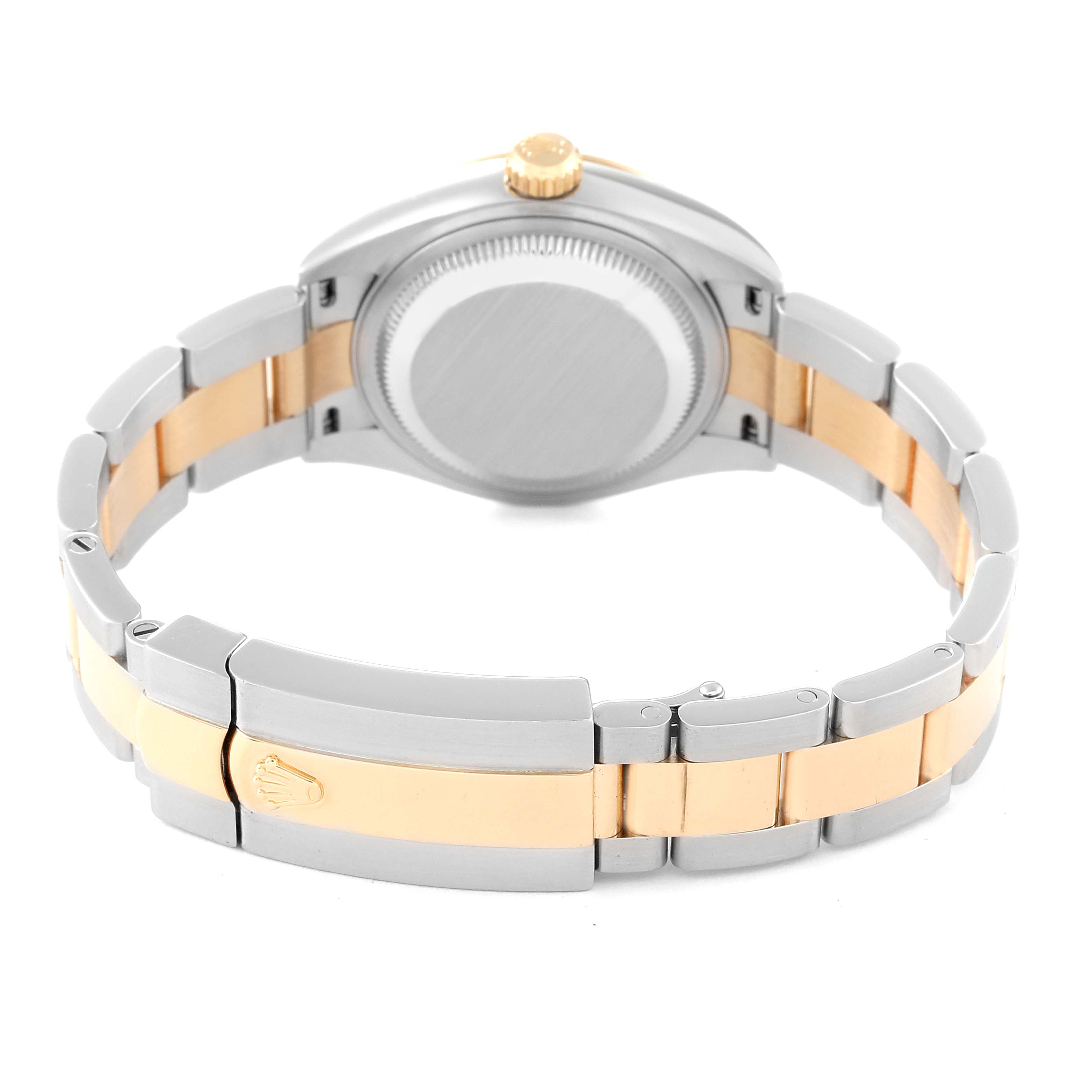 The image shows the back view of a Rolex Datejust 279173 Women's Steel and Gold (two tone) Silver Dial 279173 Women's Steel and Gold (two tone) Silver Dial watch, focusing on the case back and two-tone bracelet.