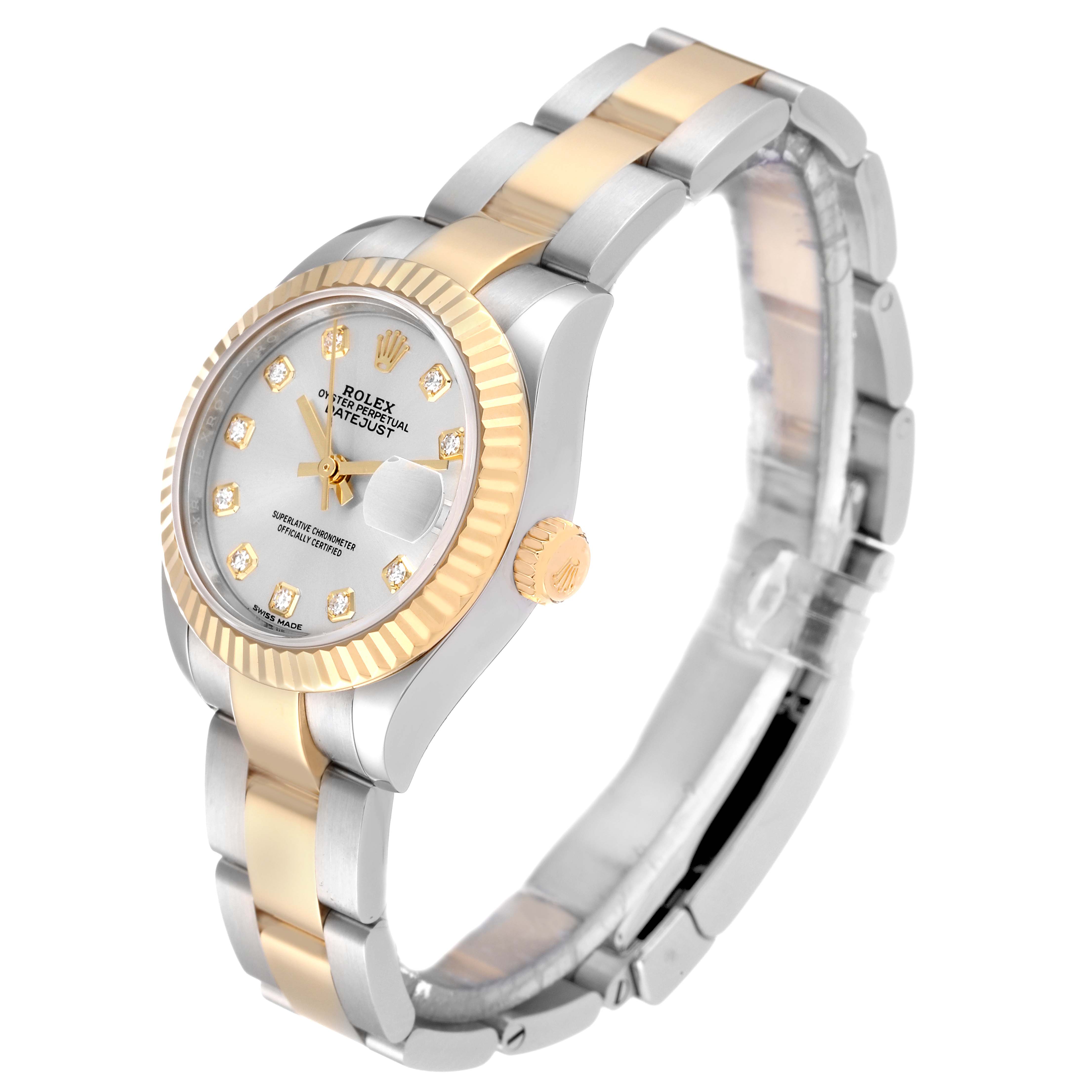 The image shows a Rolex Datejust 279173 Women's Steel and Gold (two tone) Silver Dial 279173 Women's Steel and Gold (two tone) Silver Dial watch from an angled side view, highlighting its two-tone band, bezel, dial, and crown.