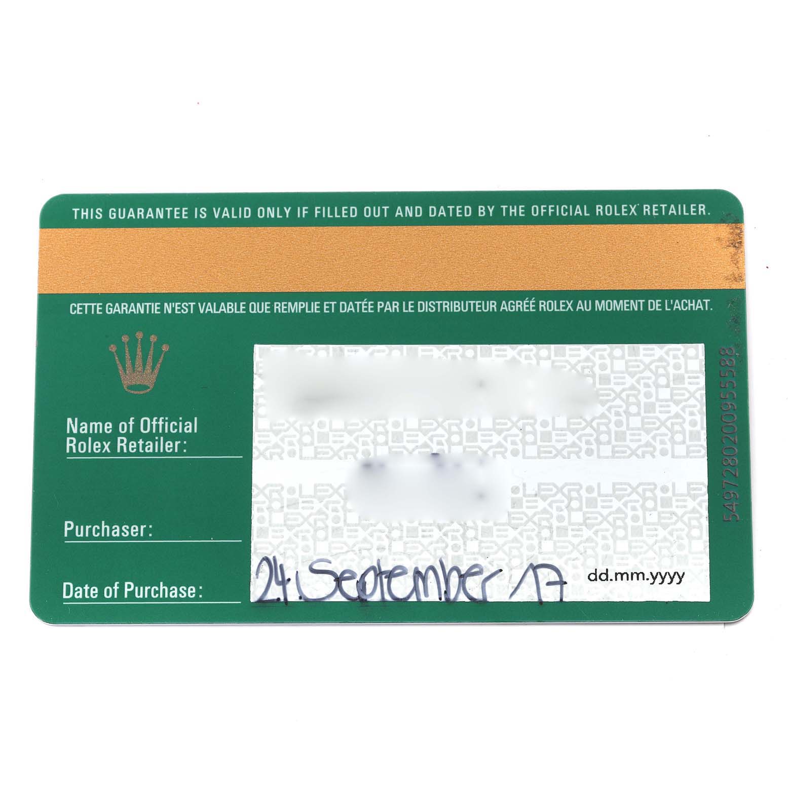 This image shows the warranty card from a Rolex Datejust 279173 Women's Steel and Gold (two tone) Silver Dial 279173 Women's Steel and Gold (two tone) Silver Dial watch.