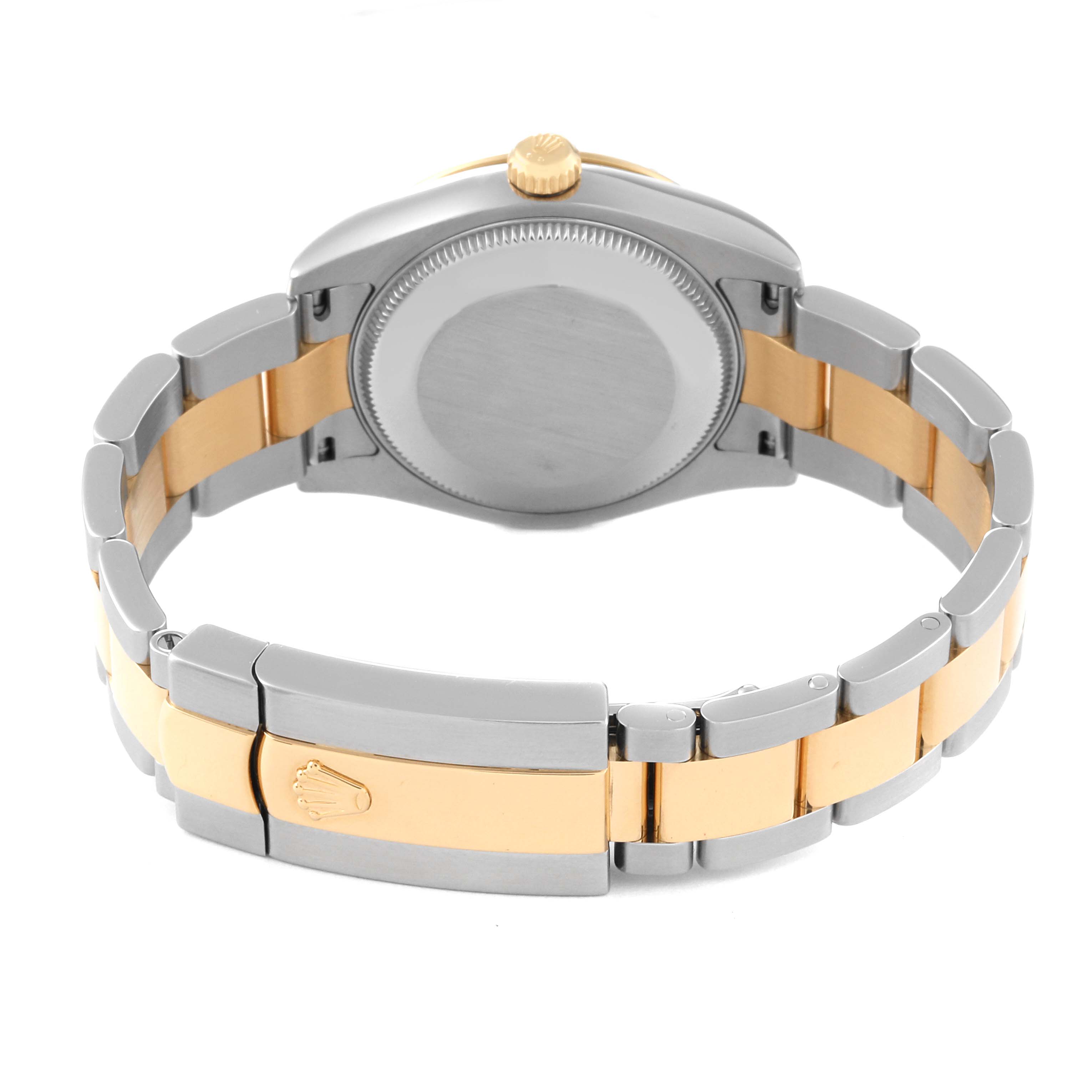 The image shows the back view of a Rolex Mid-Size 178343 Women
s Steel and Gold (two tone) Mother of Pearl Dial 178343 Women
s Steel and Gold (two tone) Mother of Pearl Dial model watch, highlighting its two-tone bracelet and clasp.