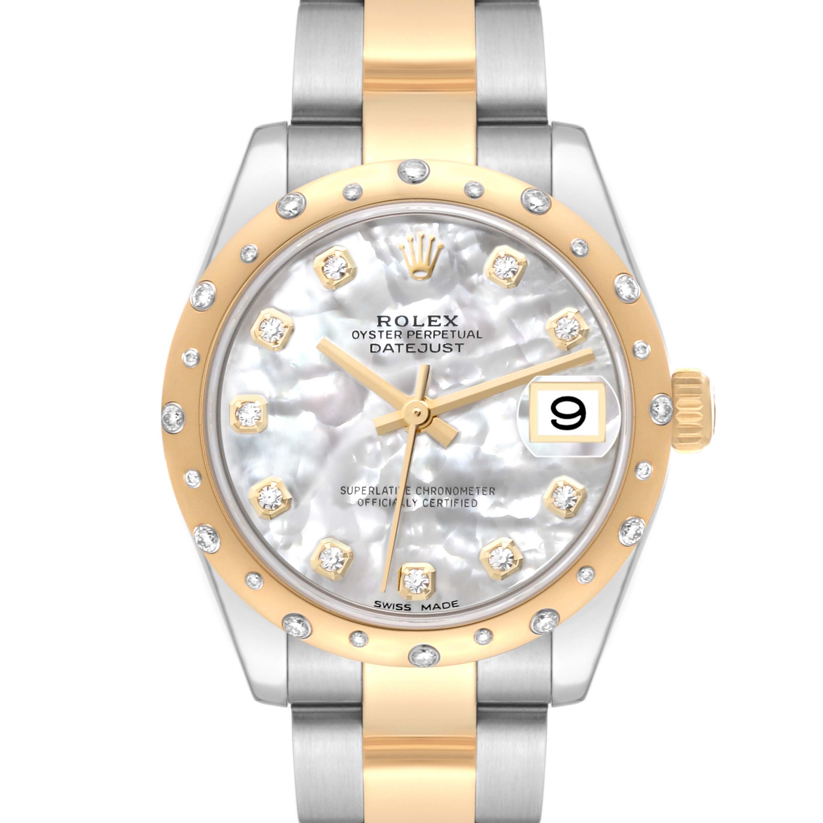 The Rolex Mid-Size 178343 Women
s Steel and Gold (two tone) Mother of Pearl Dial 178343 Women
s Steel and Gold (two tone) Mother of Pearl Dial Oyster Perpetual Datejust watch is shown from a front angle, highlighting the face, bezel, and bracelet.