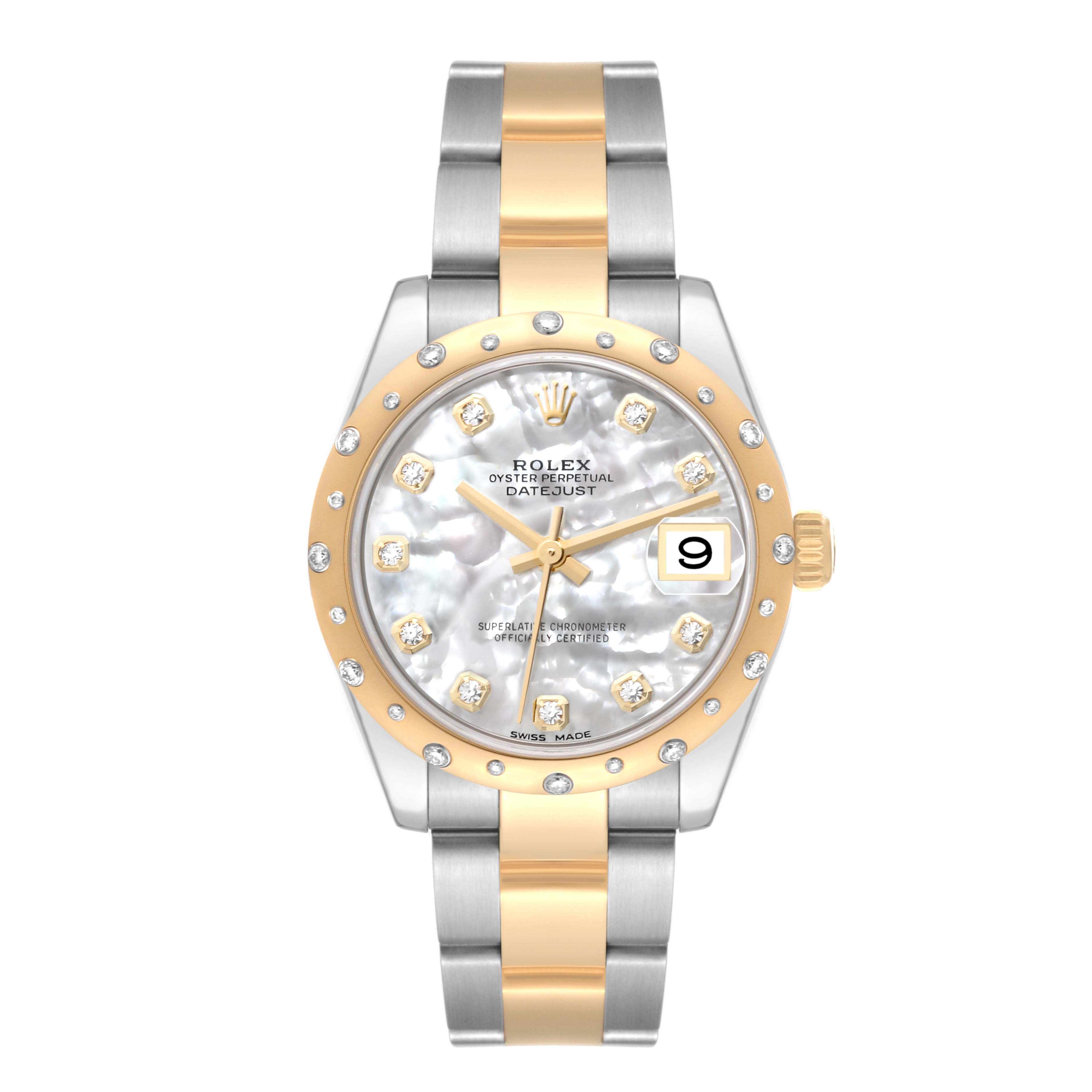 The Rolex Mid-Size 178343 Women
s Steel and Gold (two tone) Mother of Pearl Dial 178343 Women
s Steel and Gold (two tone) Mother of Pearl Dial watch is shown from the front, highlighting its mother-of-pearl dial, two-tone band, and date display.