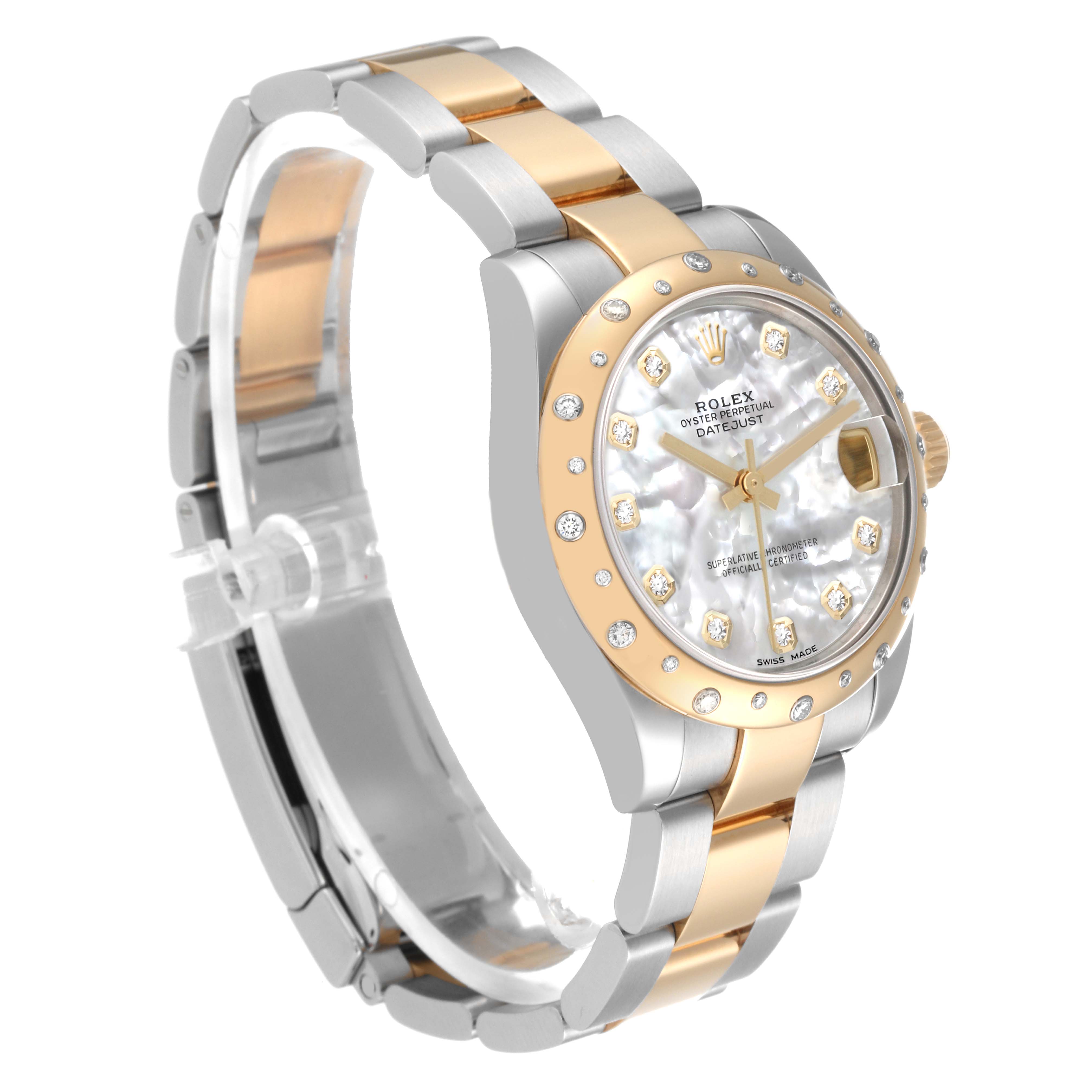 The Rolex Mid-Size 178343 Women
s Steel and Gold (two tone) Mother of Pearl Dial 178343 Women
s Steel and Gold (two tone) Mother of Pearl Dial watch is shown at a slight right-side angle, highlighting the bracelet, bezel, and dial.