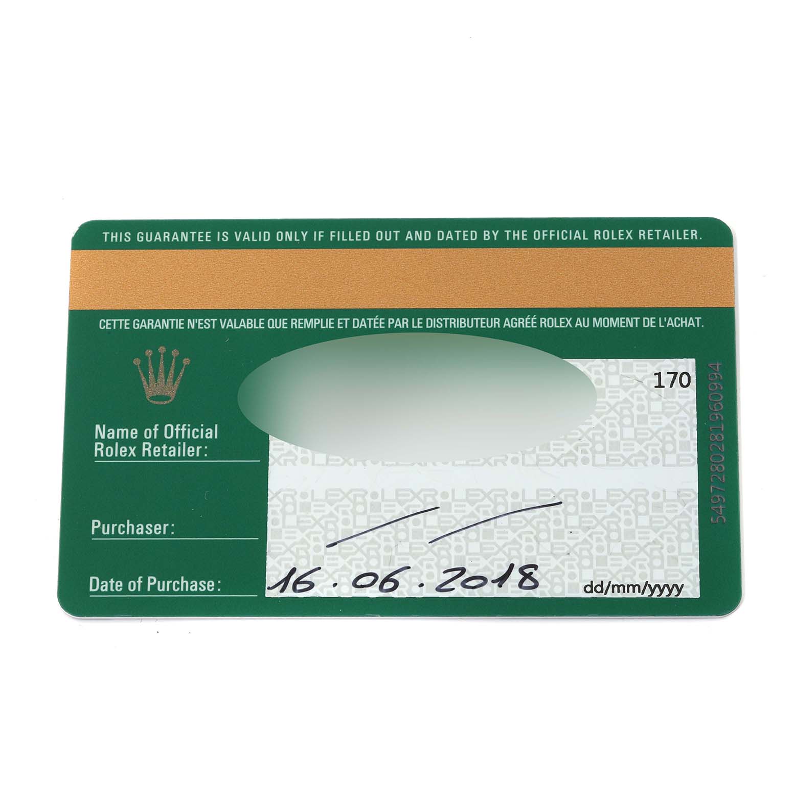 This image shows the guarantee card for a Mid-Size Rolex watch, highlighting the purchase date and retailer information.
