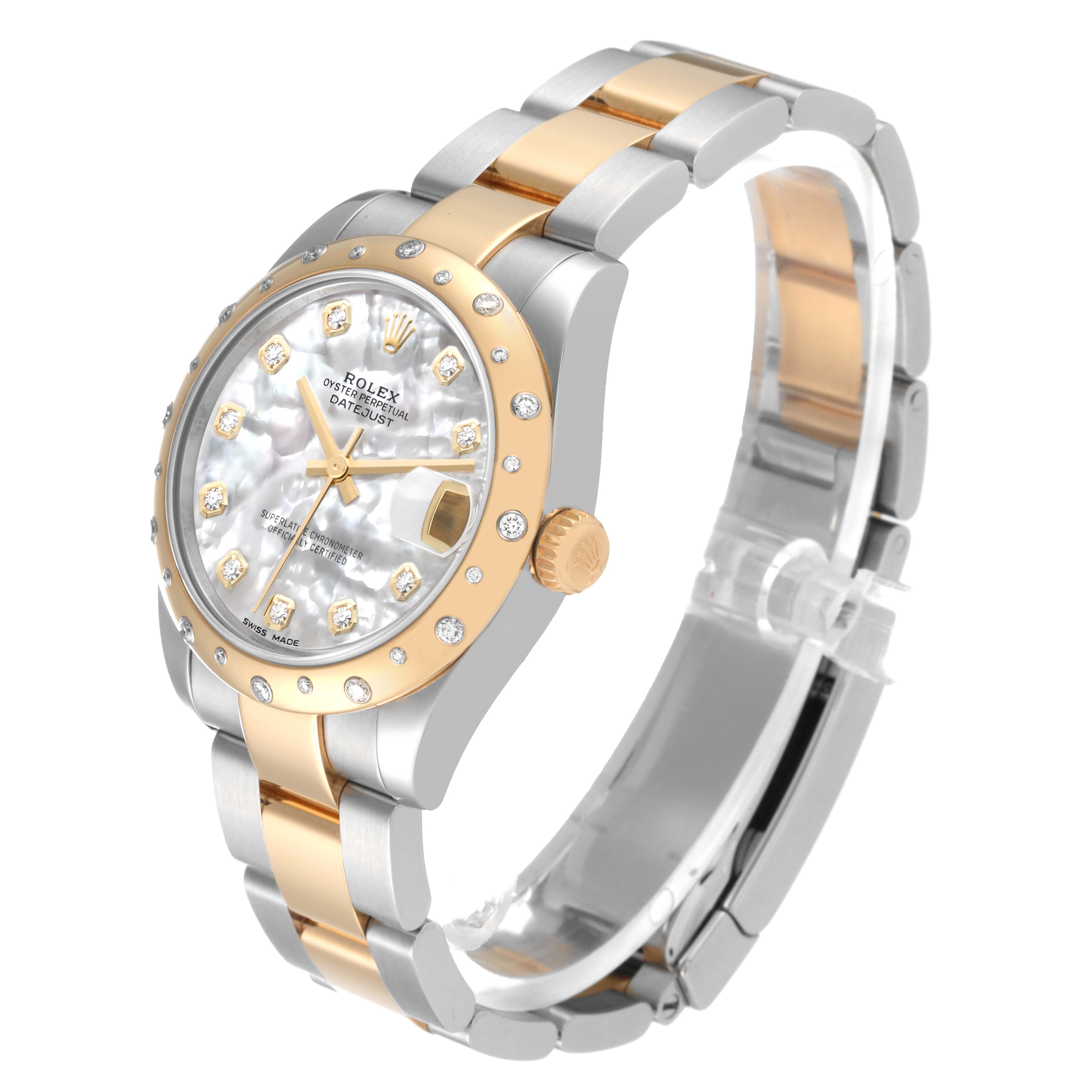 The Rolex Mid-Size 178343 Women
s Steel and Gold (two tone) Mother of Pearl Dial 178343 Women
s Steel and Gold (two tone) Mother of Pearl Dial model watch is shown at a three-quarter angle, highlighting the face, bezel, crown, and bracelet.