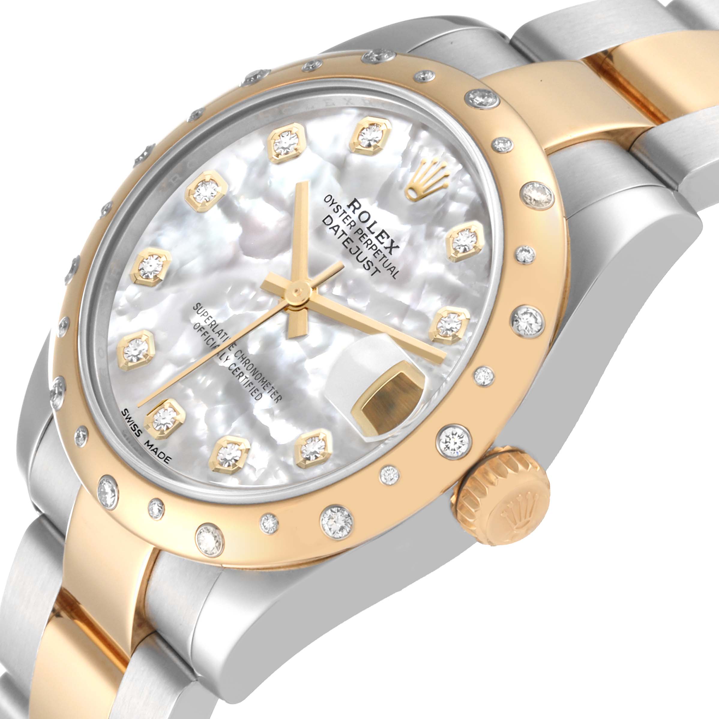 The image shows a close-up angle of the dial, bezel, and part of the bracelet of a Rolex Oyster Perpetual Datejust Mid-Size watch.