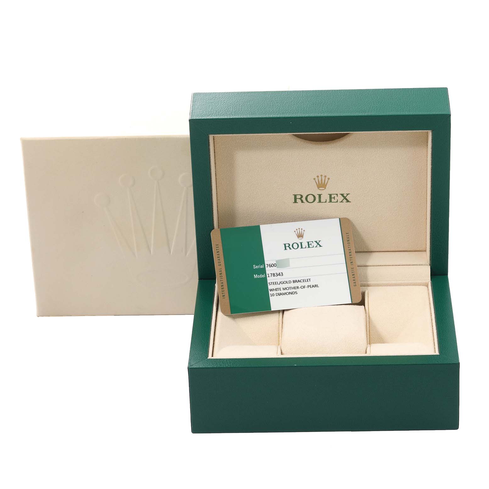 The image shows a Rolex Mid-Size 178343 Women
s Steel and Gold (two tone) Mother of Pearl Dial 178343 Women
s Steel and Gold (two tone) Mother of Pearl Dial model watch box with its cardholder in the center.