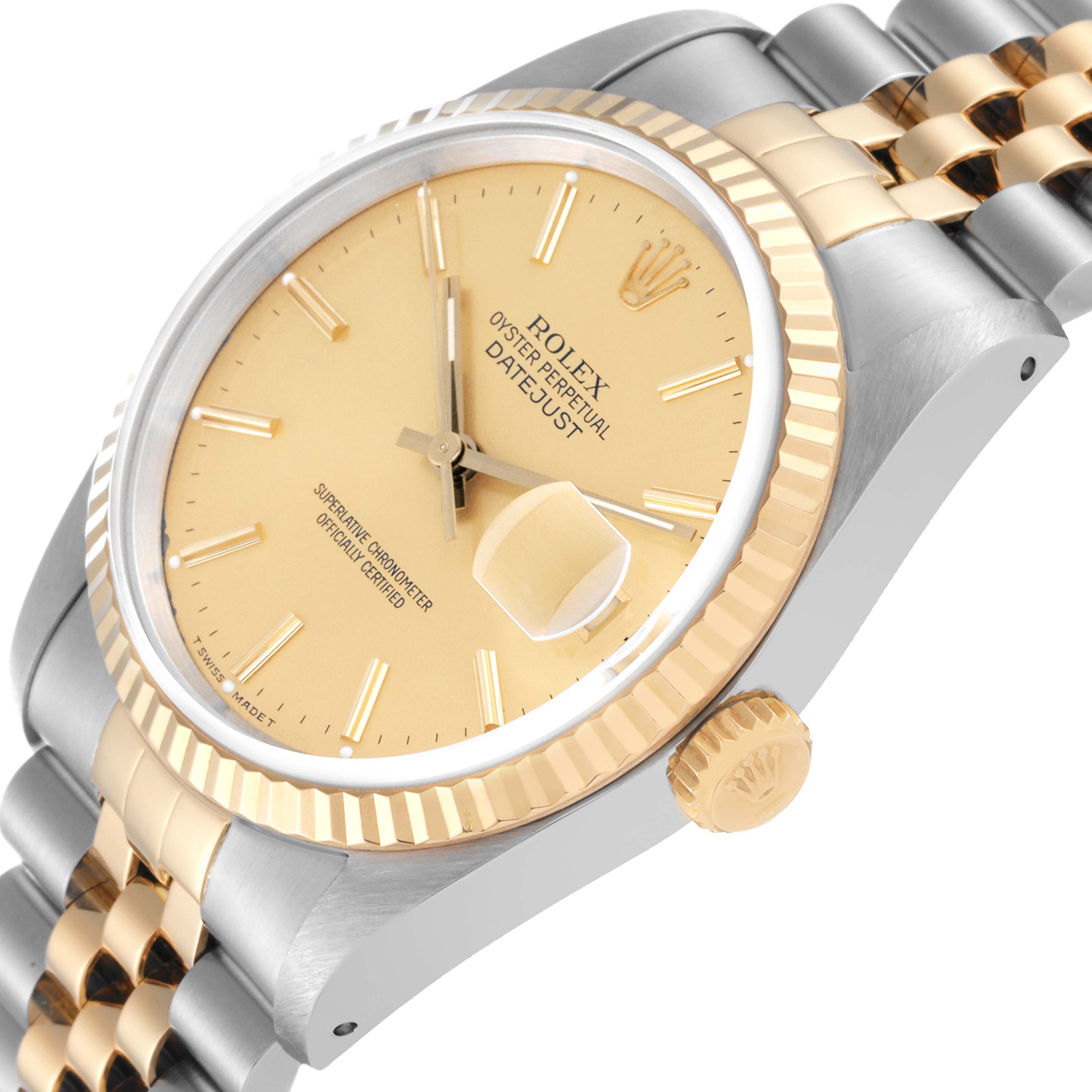 This image shows a Rolex Datejust 16233 Men's Steel and Gold (two tone) Champagne Dial 16233 Men's Steel and Gold (two tone) Champagne Dial watch at an angled close-up, displaying the dial, crown, date magnifier, and part of the bracelet.