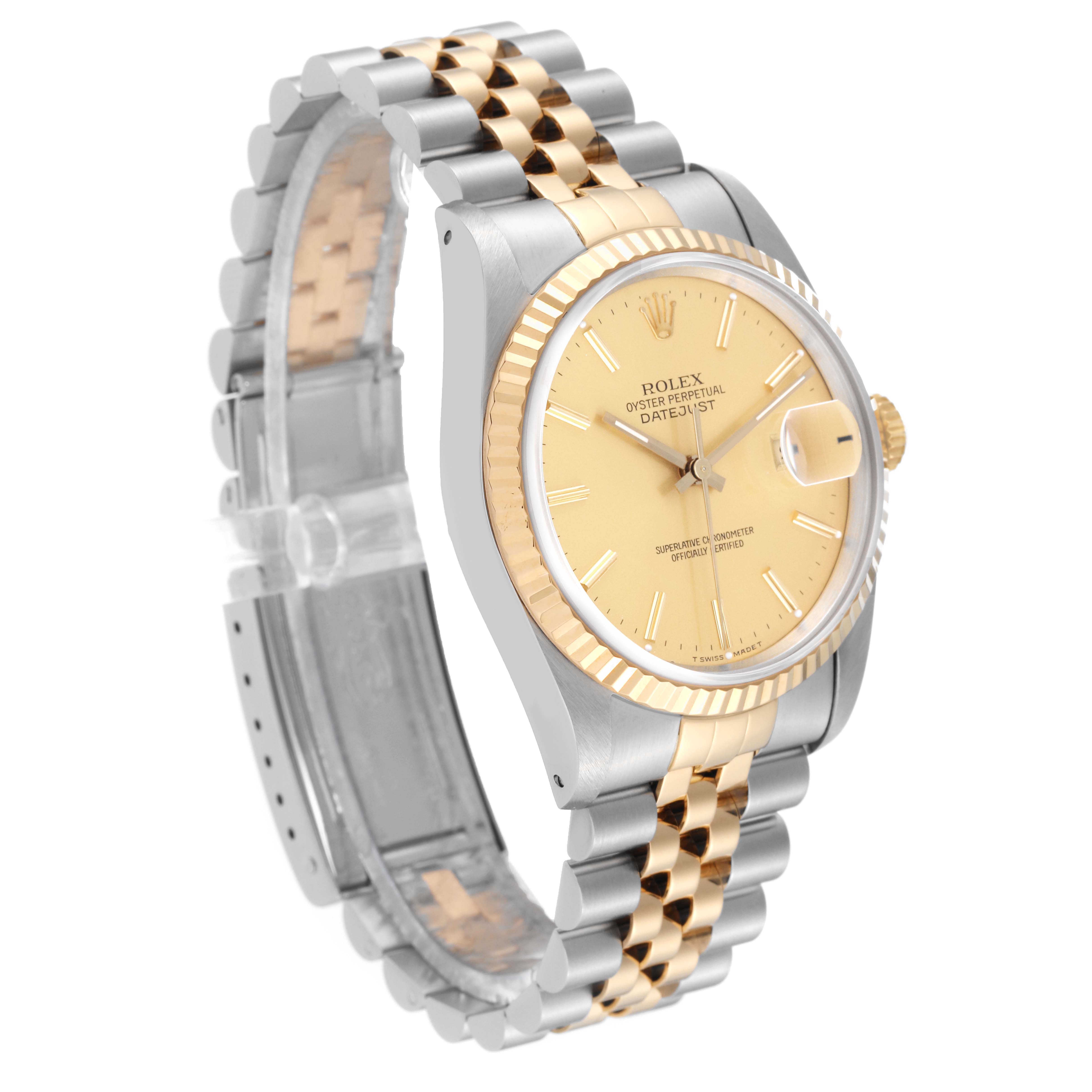 The image shows a side view of a Rolex Datejust 16233 Men's Steel and Gold (two tone) Champagne Dial 16233 Men's Steel and Gold (two tone) Champagne Dial model watch, highlighting its two-tone steel and gold casing and bracelet.
