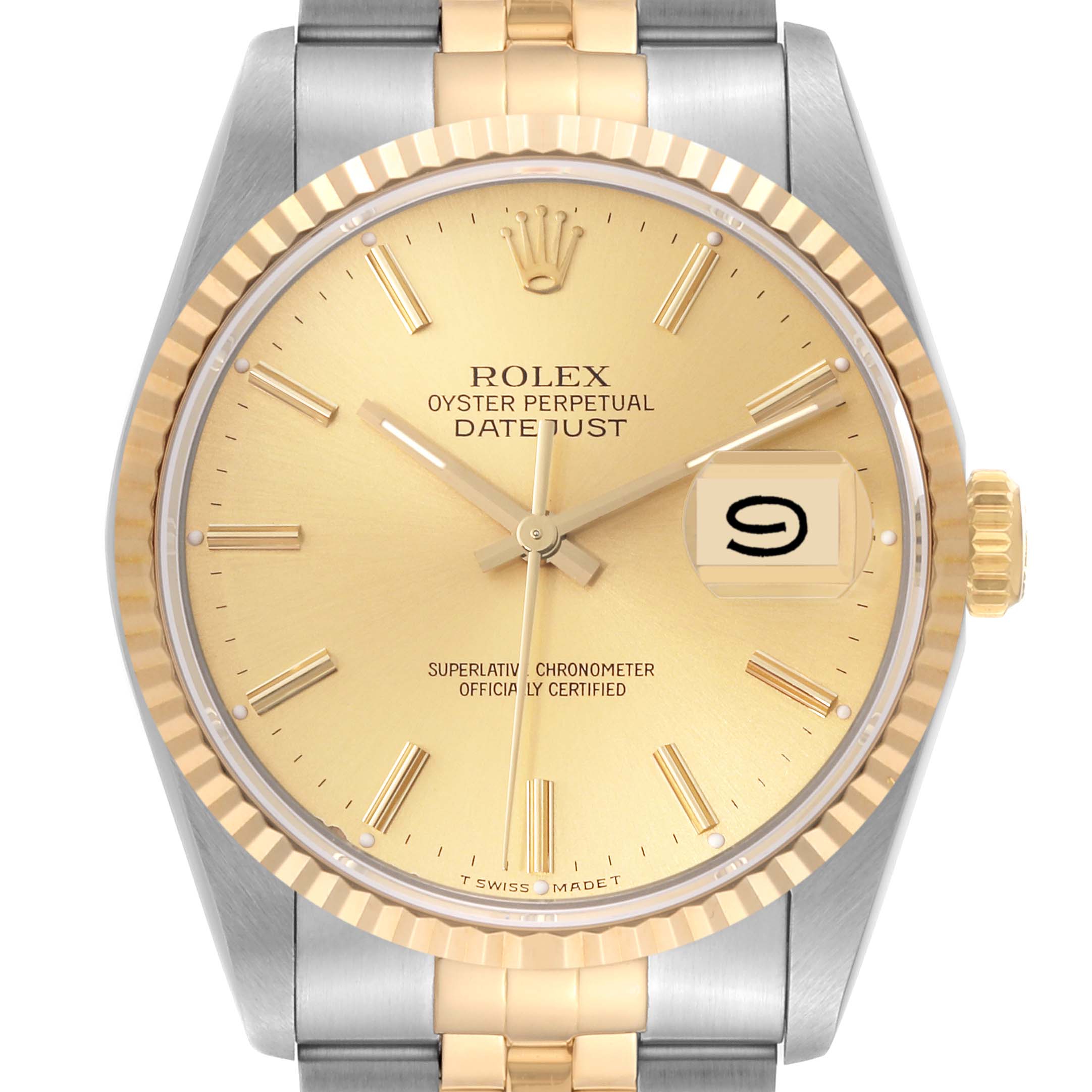 This image shows a front view of the Rolex Datejust 16233 Men's Steel and Gold (two tone) Champagne Dial 16233 Men's Steel and Gold (two tone) Champagne Dial watch, highlighting its gold dial, fluted bezel, and two-tone bracelet.