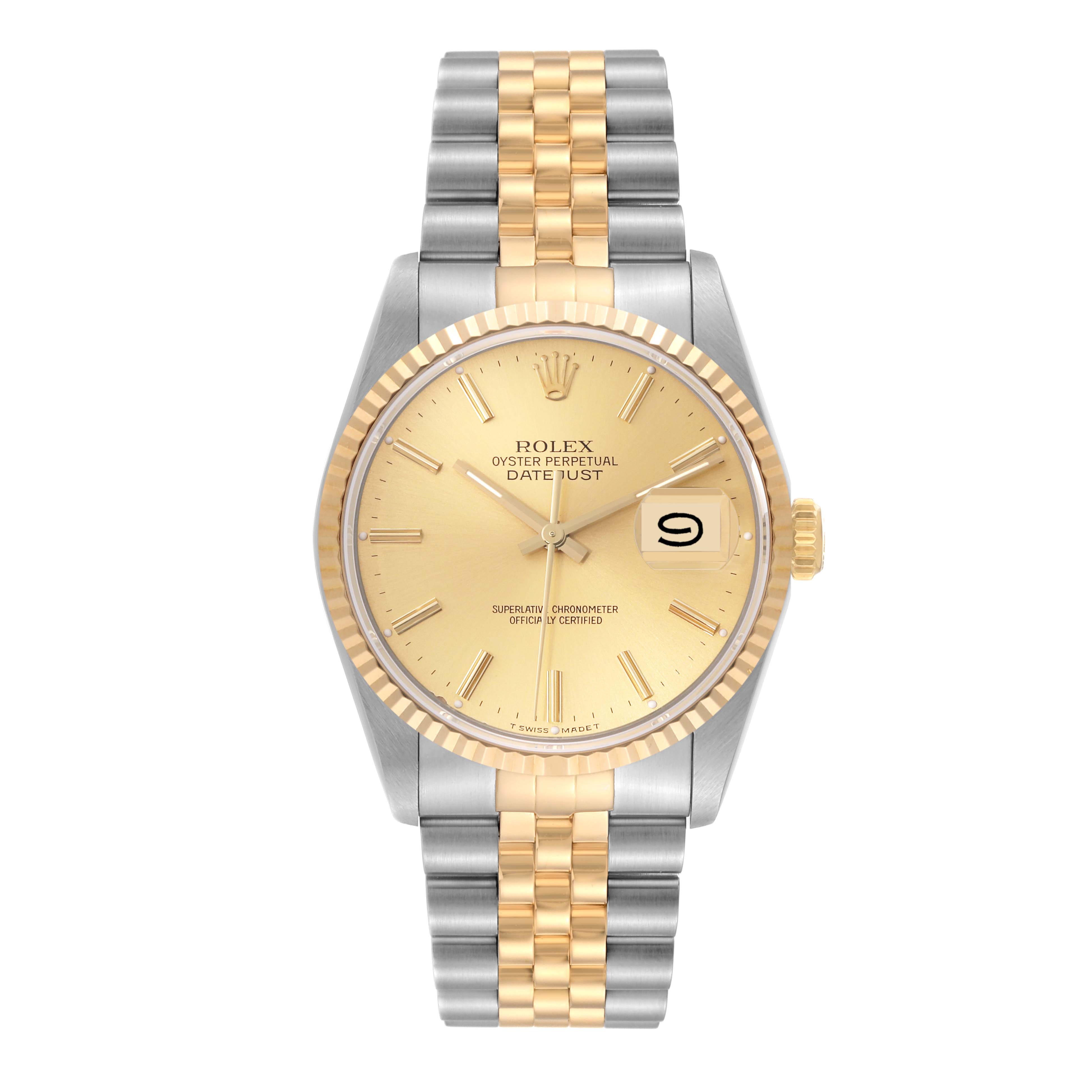 The image shows a front view of a Rolex Datejust 16233 Men's Steel and Gold (two tone) Champagne Dial 16233 Men's Steel and Gold (two tone) Champagne Dial watch, displaying the face, fluted bezel, and two-tone Jubilee bracelet.