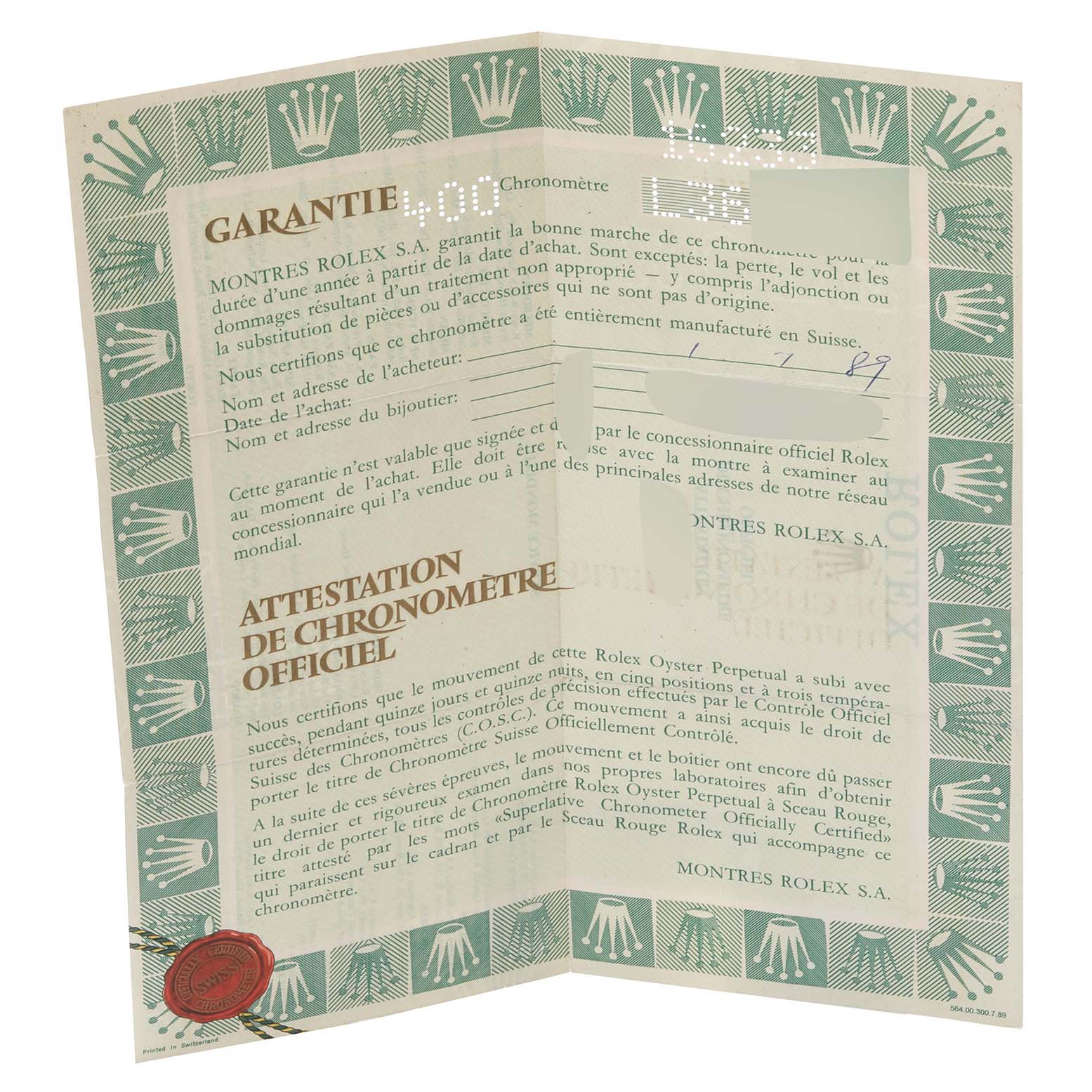 The image shows an open warranty and official chronometer certificate for a Rolex Datejust 16233 Men's Steel and Gold (two tone) Champagne Dial 16233 Men's Steel and Gold (two tone) Champagne Dial watch, angled slightly to the right.