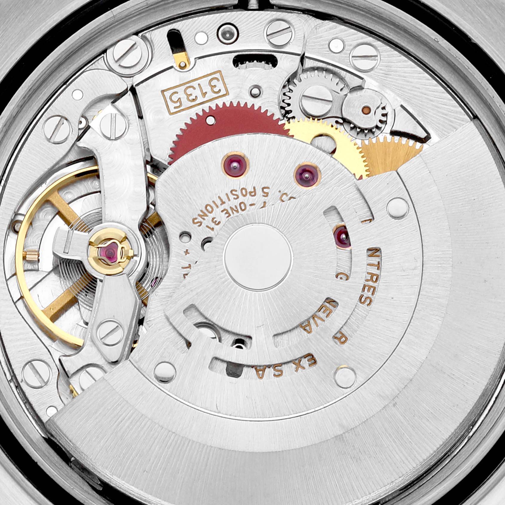This image shows the intricate internal mechanism and gears of a Rolex Datejust 16233 Men's Steel and Gold (two tone) Champagne Dial 16233 Men's Steel and Gold (two tone) Champagne Dial watch from a close-up angle.