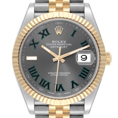 The Rolex Datejust 41 is viewed from the front, showing its dial, fluted bezel, two-tone bracelet, and date window.