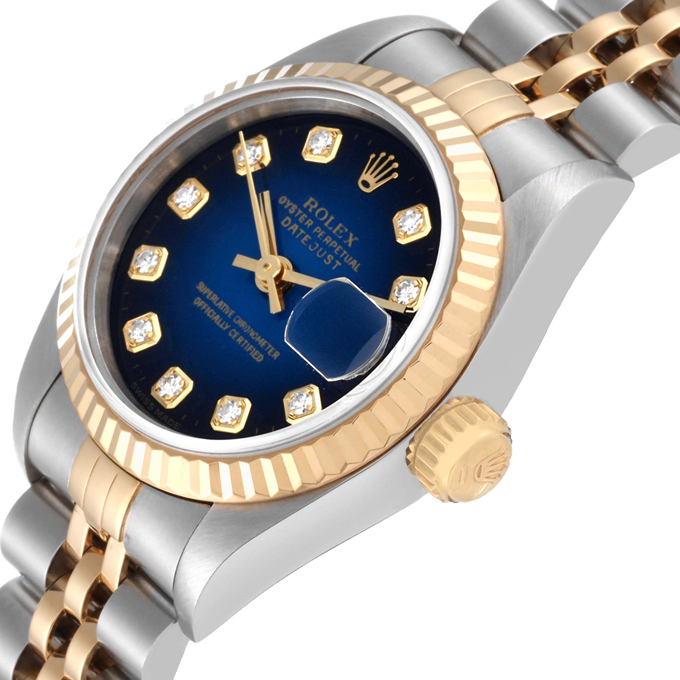 The image shows a Rolex Datejust 69173 Women's Steel and Gold (two tone) Blue Dial 69173 Women's Steel and Gold (two tone) Blue Dial watch from an angled top-view, highlighting the dial, crown, bezel, and part of the bracelet.