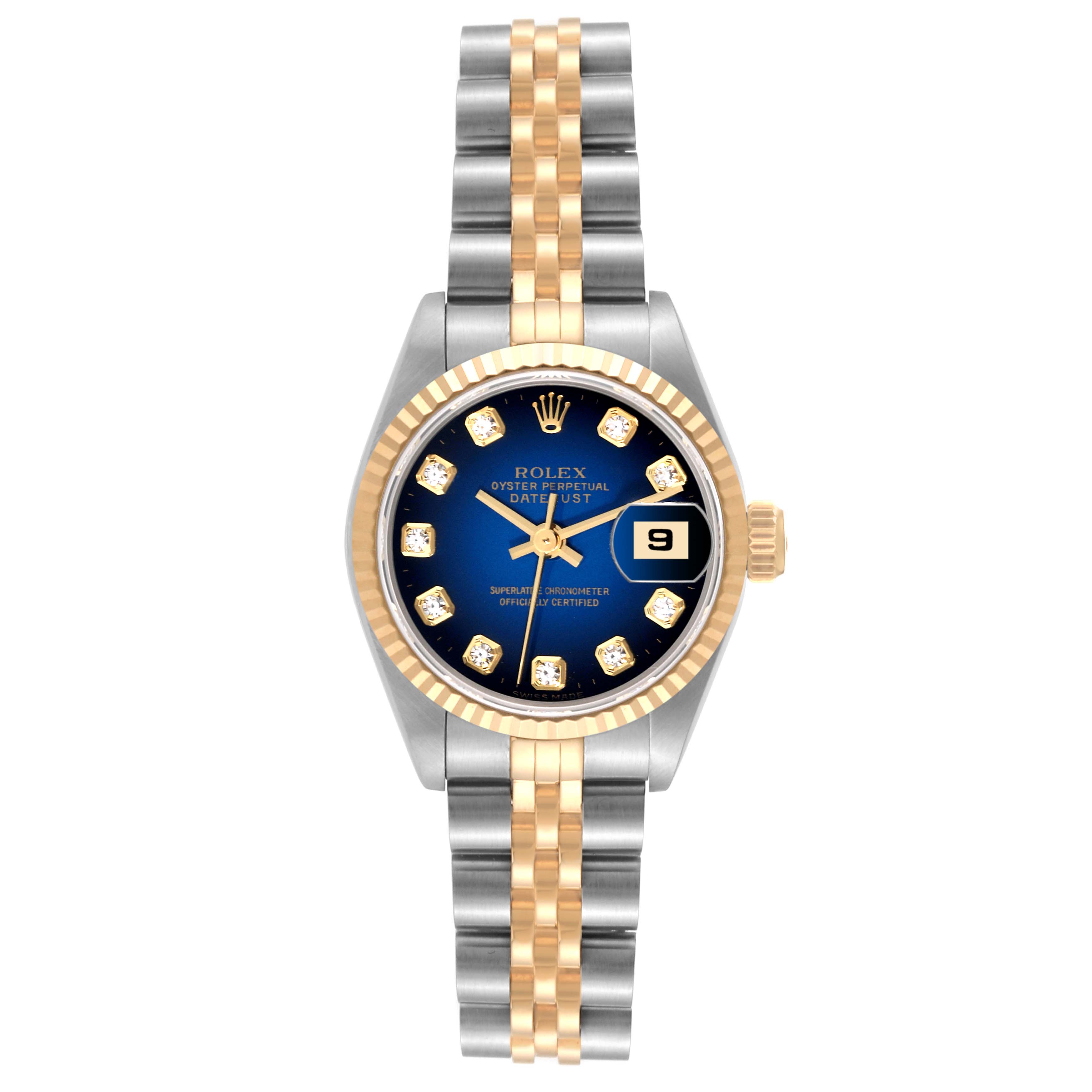 This image shows a Datejust model by Rolex from the front, displaying the face, bezel, and bracelet.