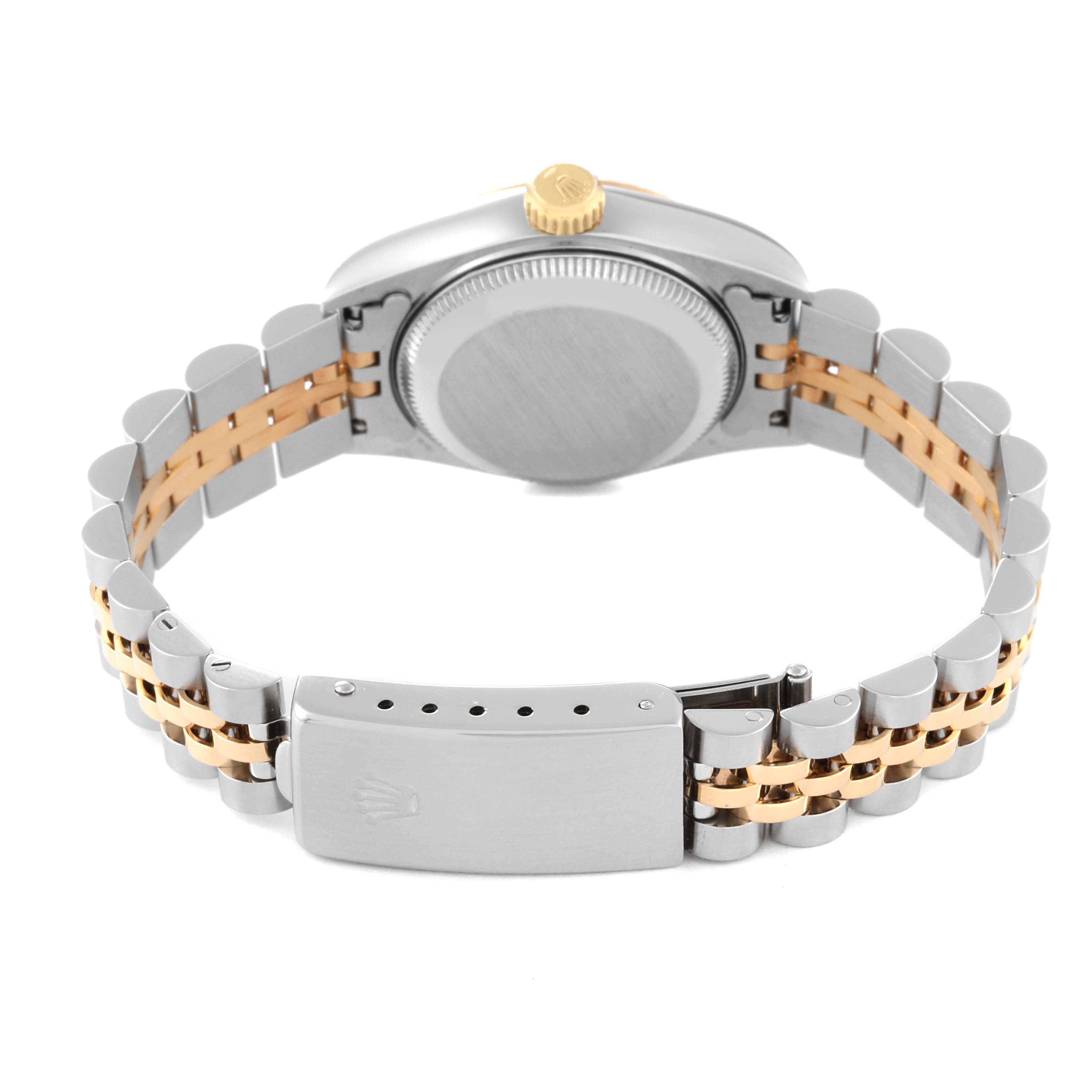 The image shows the back of the Rolex Datejust 69173 Women's Steel and Gold (two tone) Blue Dial 69173 Women's Steel and Gold (two tone) Blue Dial watch, highlighting the bracelet, clasp, and case back.