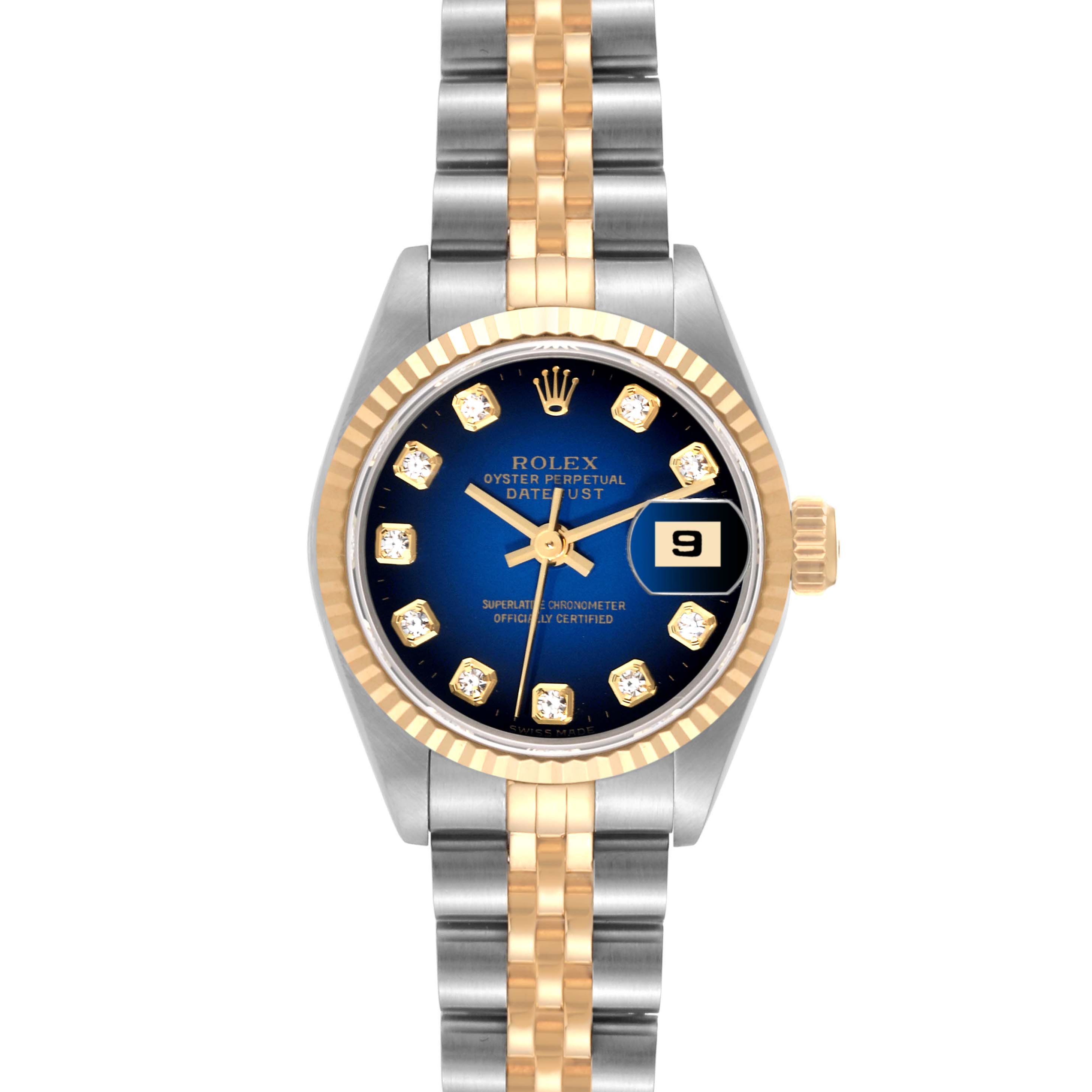 This image shows a front view of a Rolex Datejust 69173 Women's Steel and Gold (two tone) Blue Dial 69173 Women's Steel and Gold (two tone) Blue Dial watch featuring a two-tone bracelet and a blue dial with diamond hour markers.