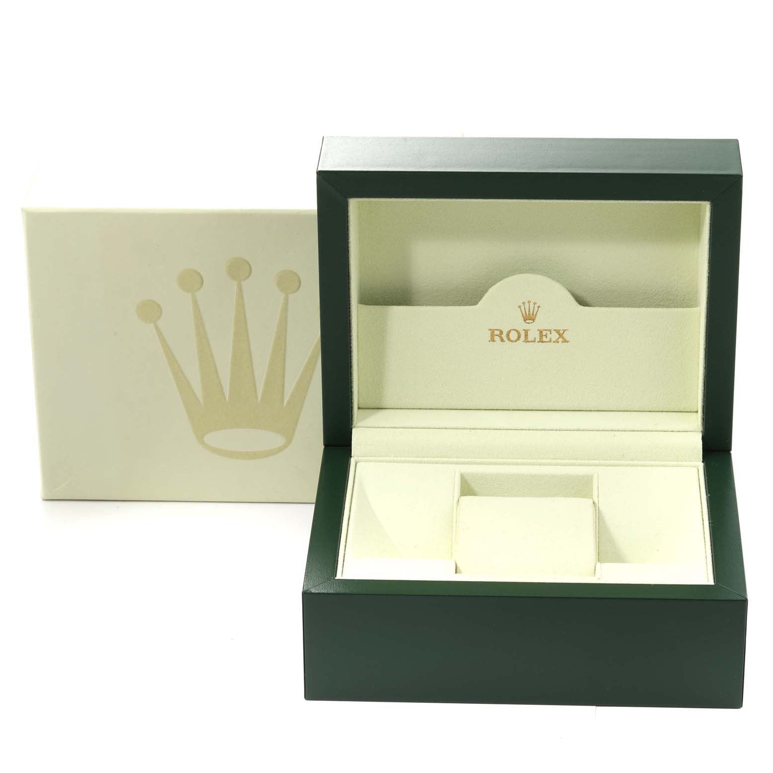 This image shows an open Rolex Datejust 116300 Men's Stainless Steel Black Dial 116300 Men's Stainless Steel Black Dial watch box with green trim and cream interior, and a closed outer box behind it.