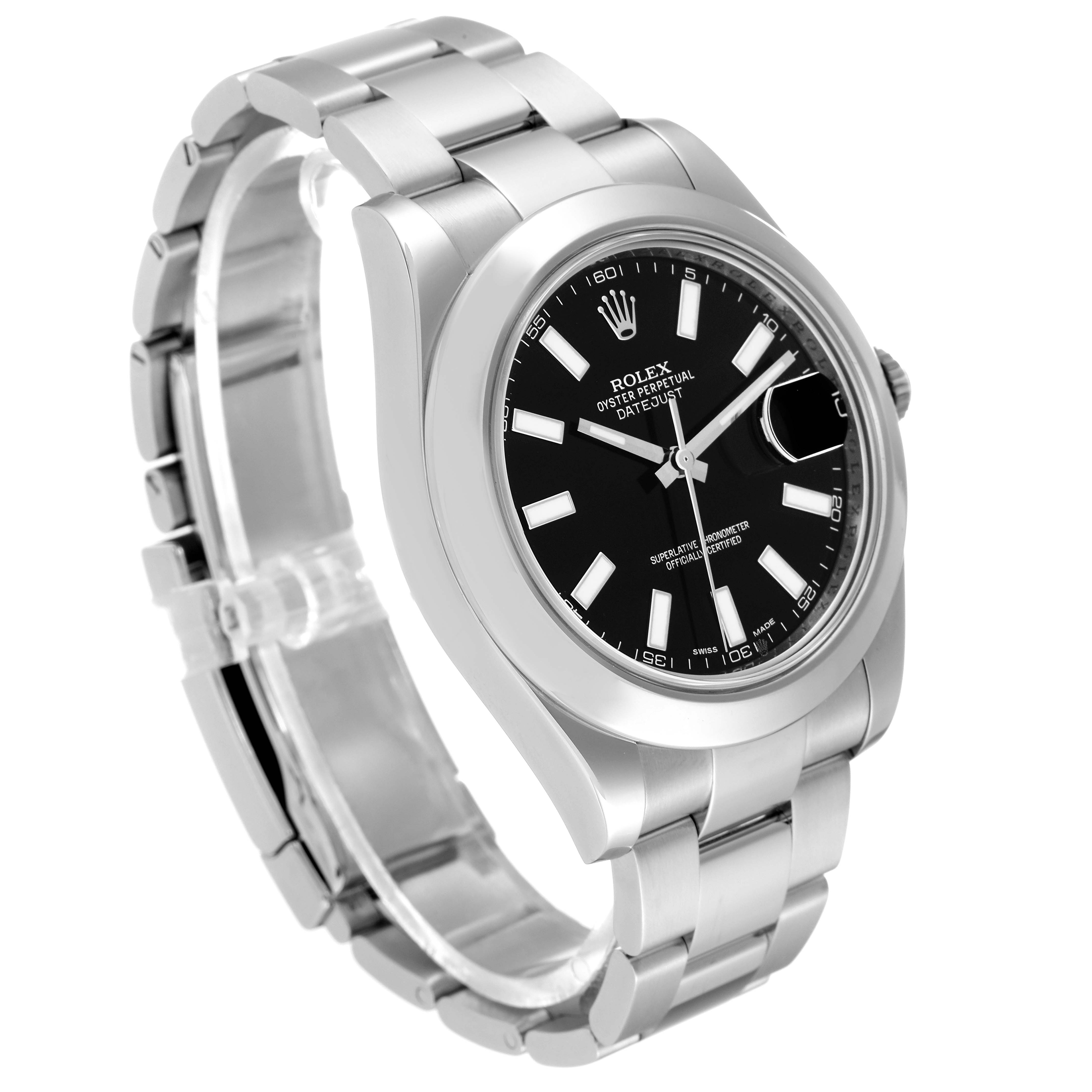 This Rolex Datejust 116300 Men's Stainless Steel Black Dial 116300 Men's Stainless Steel Black Dial watch is shown from an angled view, highlighting its black dial, metal bracelet, and date magnification.