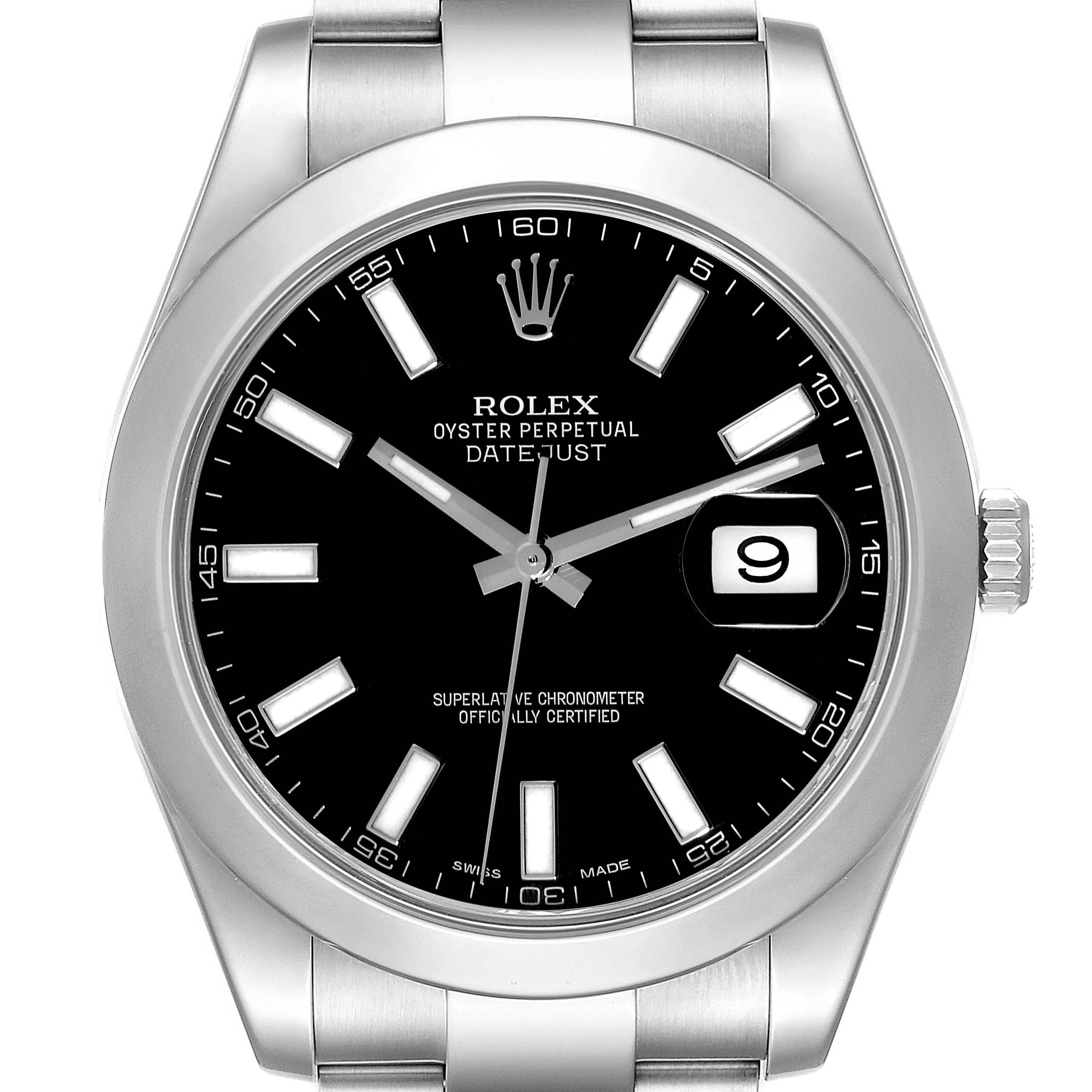 This image shows a front view of a Rolex Datejust 116300 Men's Stainless Steel Black Dial 116300 Men's Stainless Steel Black Dial watch, highlighting its black dial, date display, and stainless steel casing.