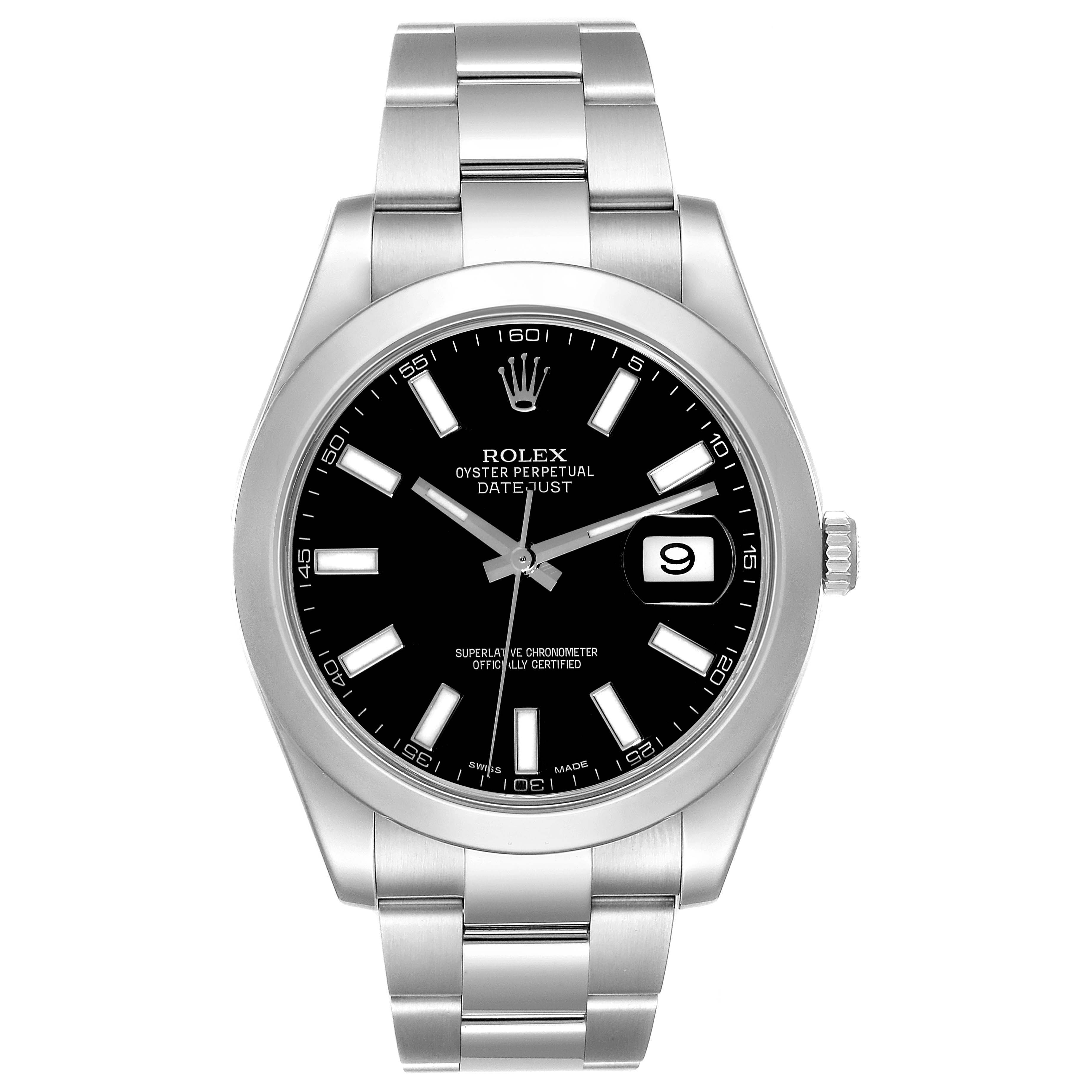 The image shows a front view of a Rolex Datejust 116300 Men's Stainless Steel Black Dial 116300 Men's Stainless Steel Black Dial watch, displaying the dial, bracelet, and case.