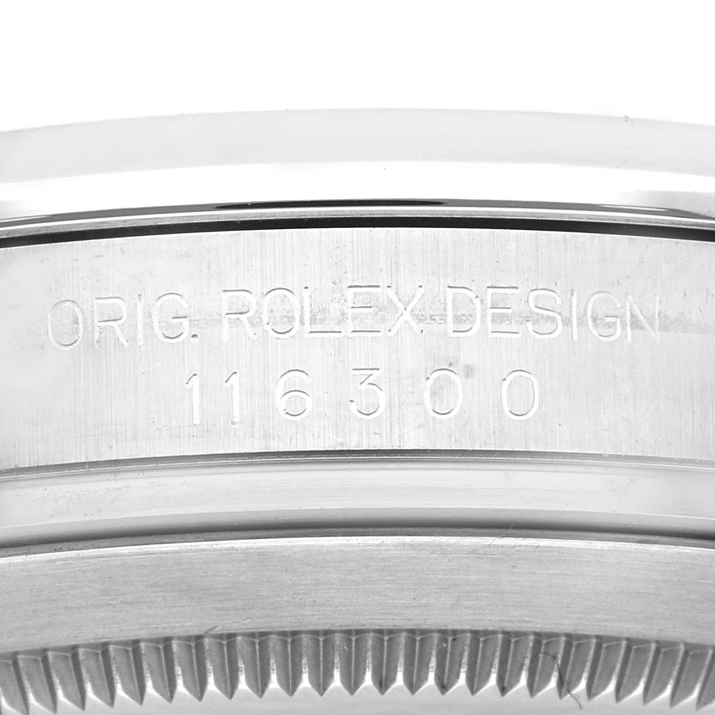 This image shows a close-up of the case side and serial number of a Rolex Datejust 116300 Men's Stainless Steel Black Dial 116300 Men's Stainless Steel Black Dial watch.
