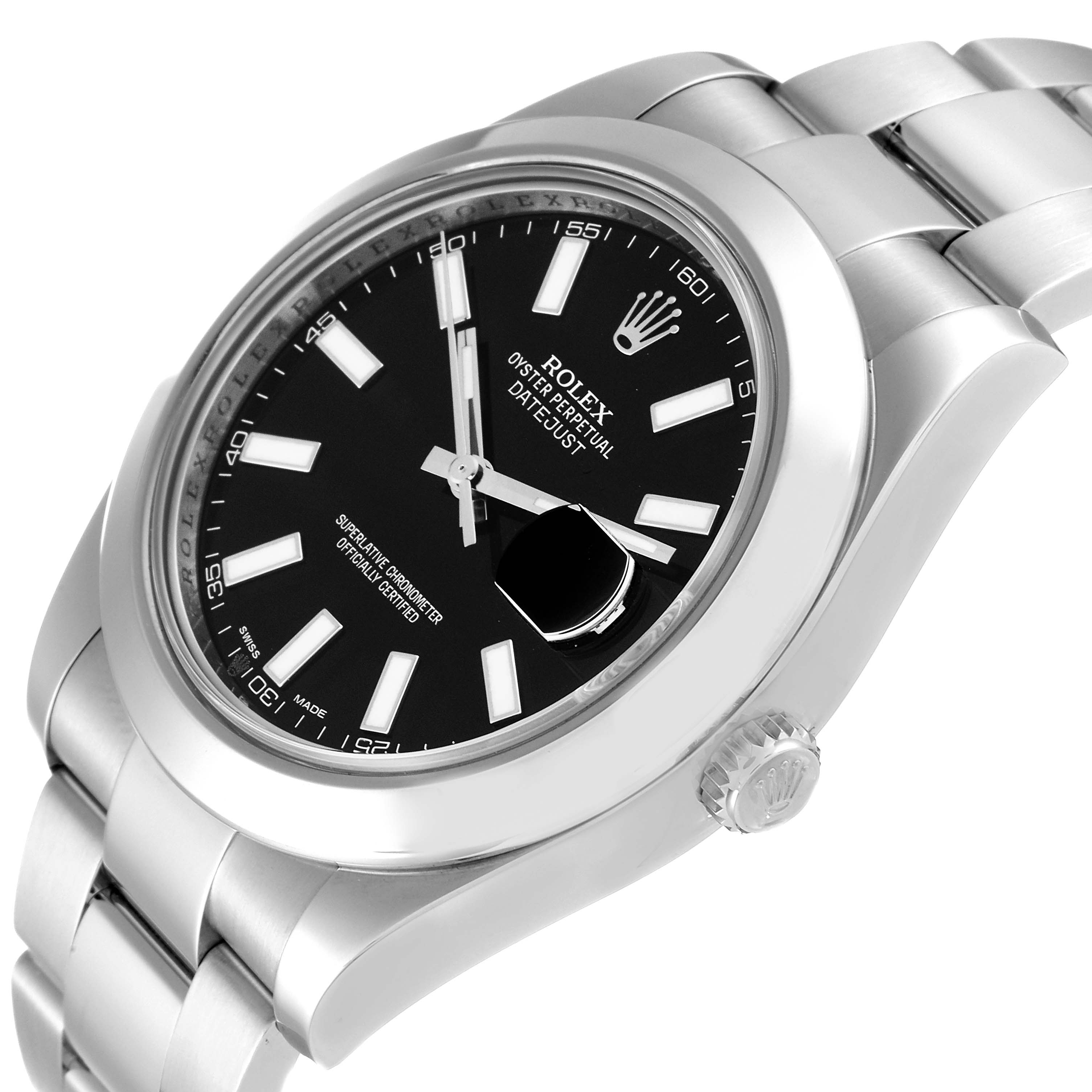 The image shows a Rolex Datejust 116300 Men's Stainless Steel Black Dial 116300 Men's Stainless Steel Black Dial watch at an angle emphasizing the face, bezel, crown, and part of the bracelet.
