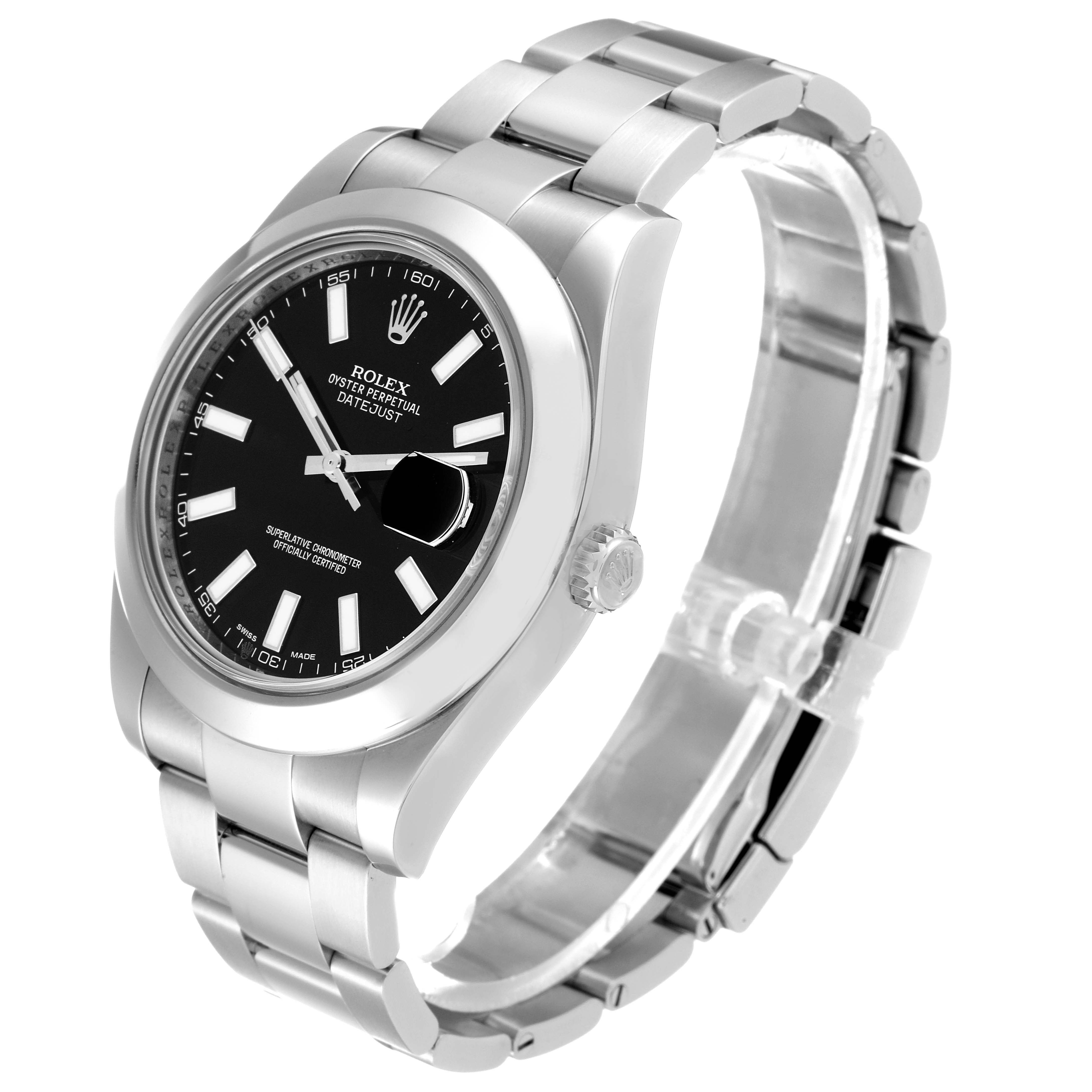 The Rolex Datejust 116300 Men's Stainless Steel Black Dial 116300 Men's Stainless Steel Black Dial watch is shown at a three-quarter angle featuring its black dial, bezel, bracelet, and crown.