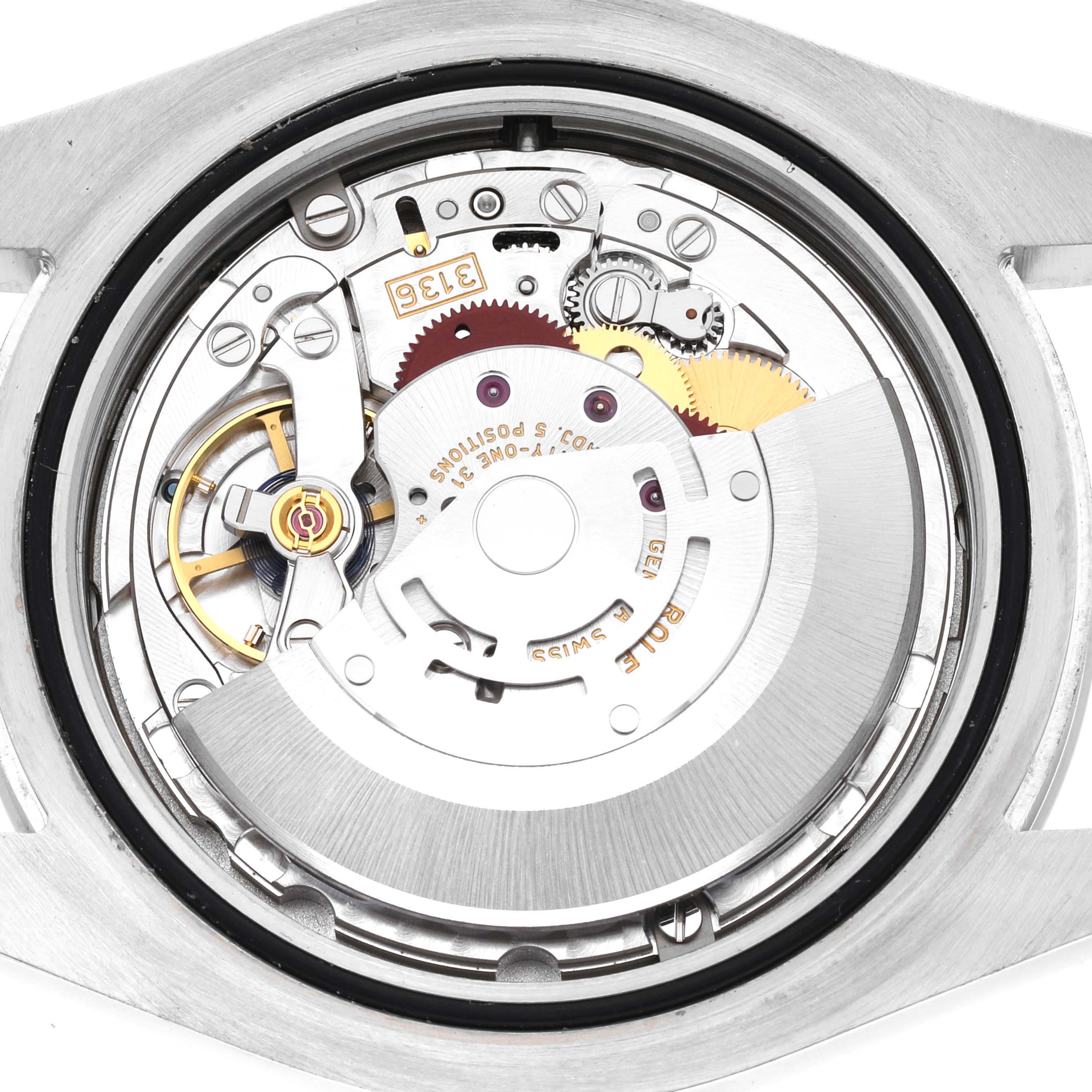 The image shows an open back view of a Rolex Datejust 116300 Men's Stainless Steel Black Dial 116300 Men's Stainless Steel Black Dial watch, revealing its internal mechanical movement components.