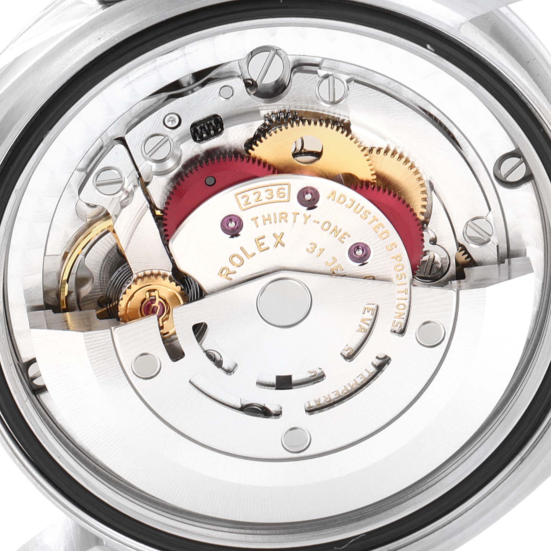 The image shows a close-up of the internal mechanism of a Rolex Mid-Size 278240 Women
s Stainless Steel White Dial 278240 Women
s Stainless Steel White Dial watch.