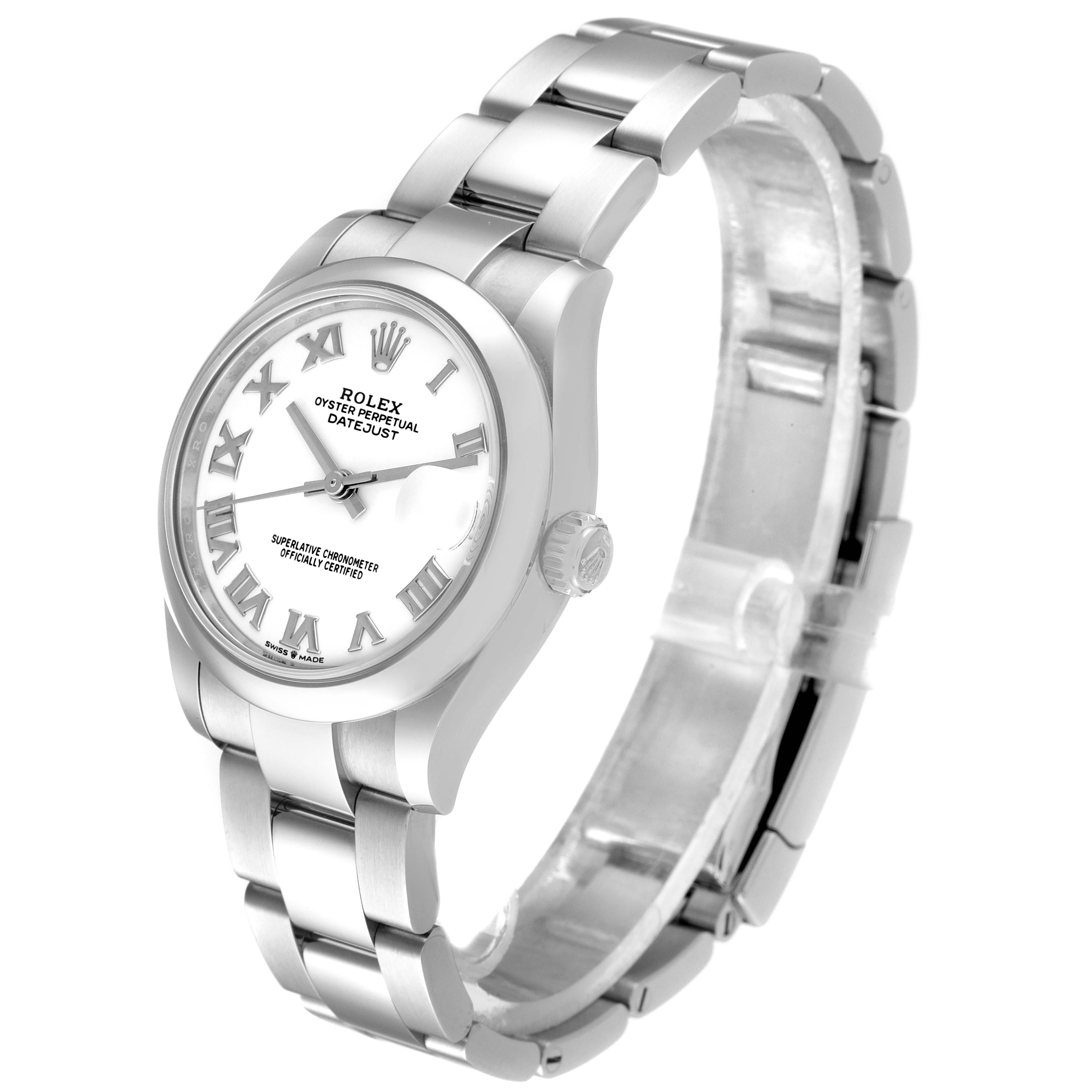 This image shows a side and front angle of a Rolex Mid-Size 278240 Women
s Stainless Steel White Dial 278240 Women
s Stainless Steel White Dial Oyster Perpetual Datejust, highlighting the dial, bezel, and band.