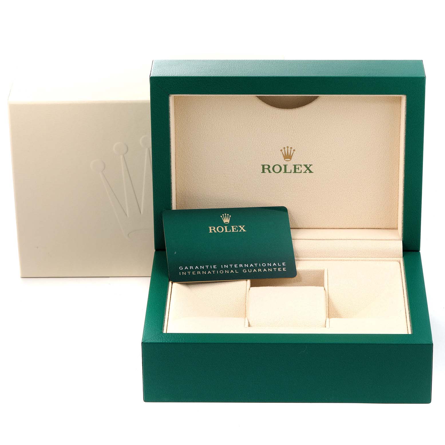 The image shows the open box and international guarantee card for a Mid-Size Rolex watch.