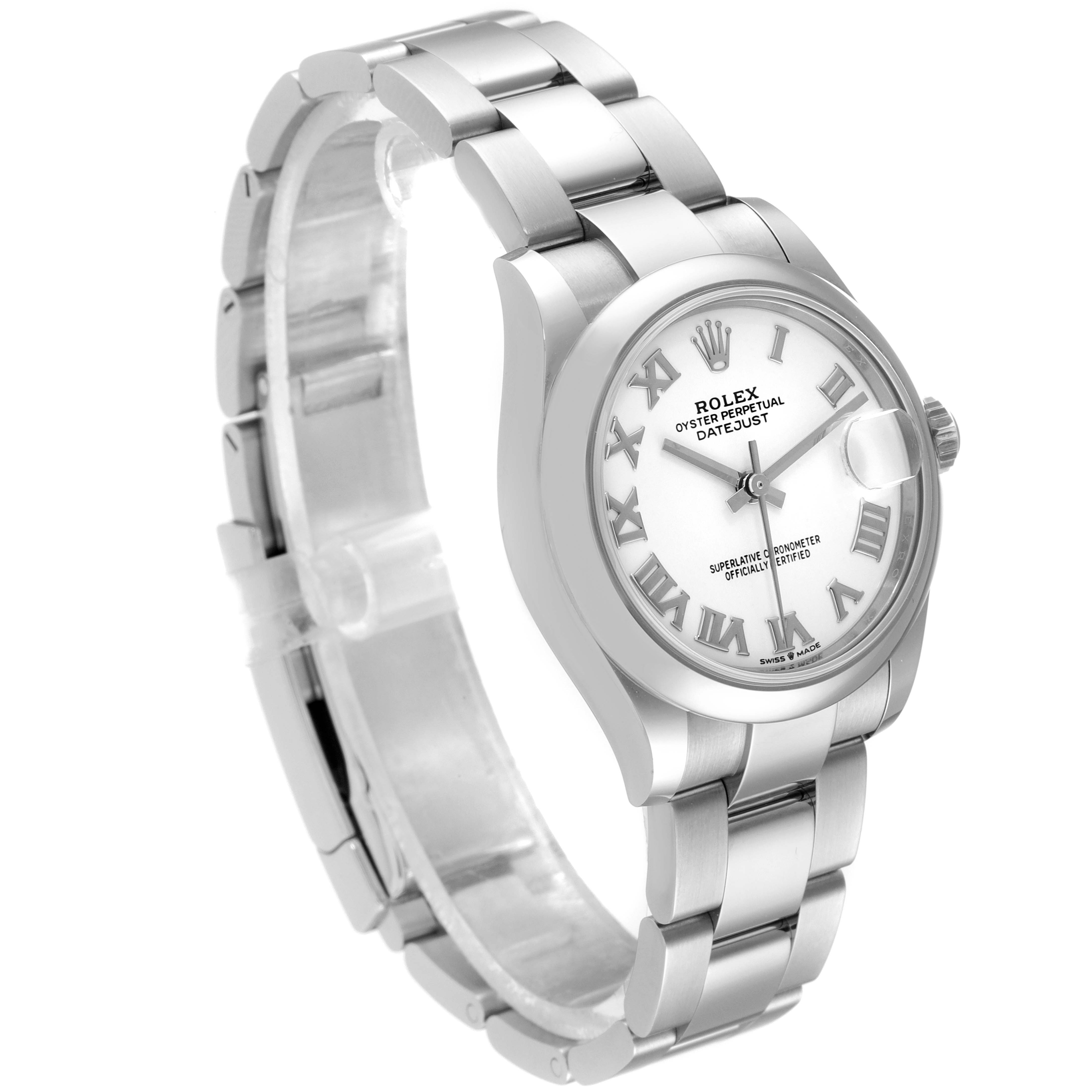 The image shows a Rolex Mid-Size 278240 Women
s Stainless Steel White Dial 278240 Women
s Stainless Steel White Dial Oyster Perpetual Datejust watch angled from the front left, highlighting the face and bracelet.