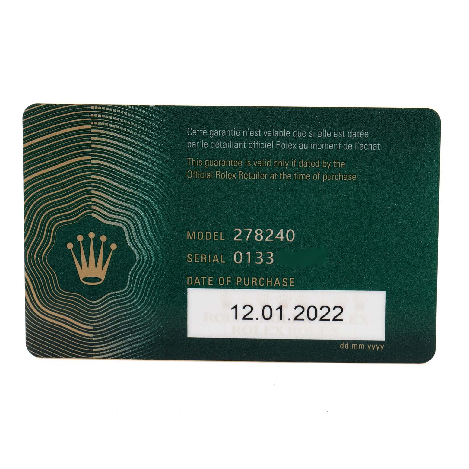 The image shows the warranty card for a Mid-Size Rolex watch, model 278240.