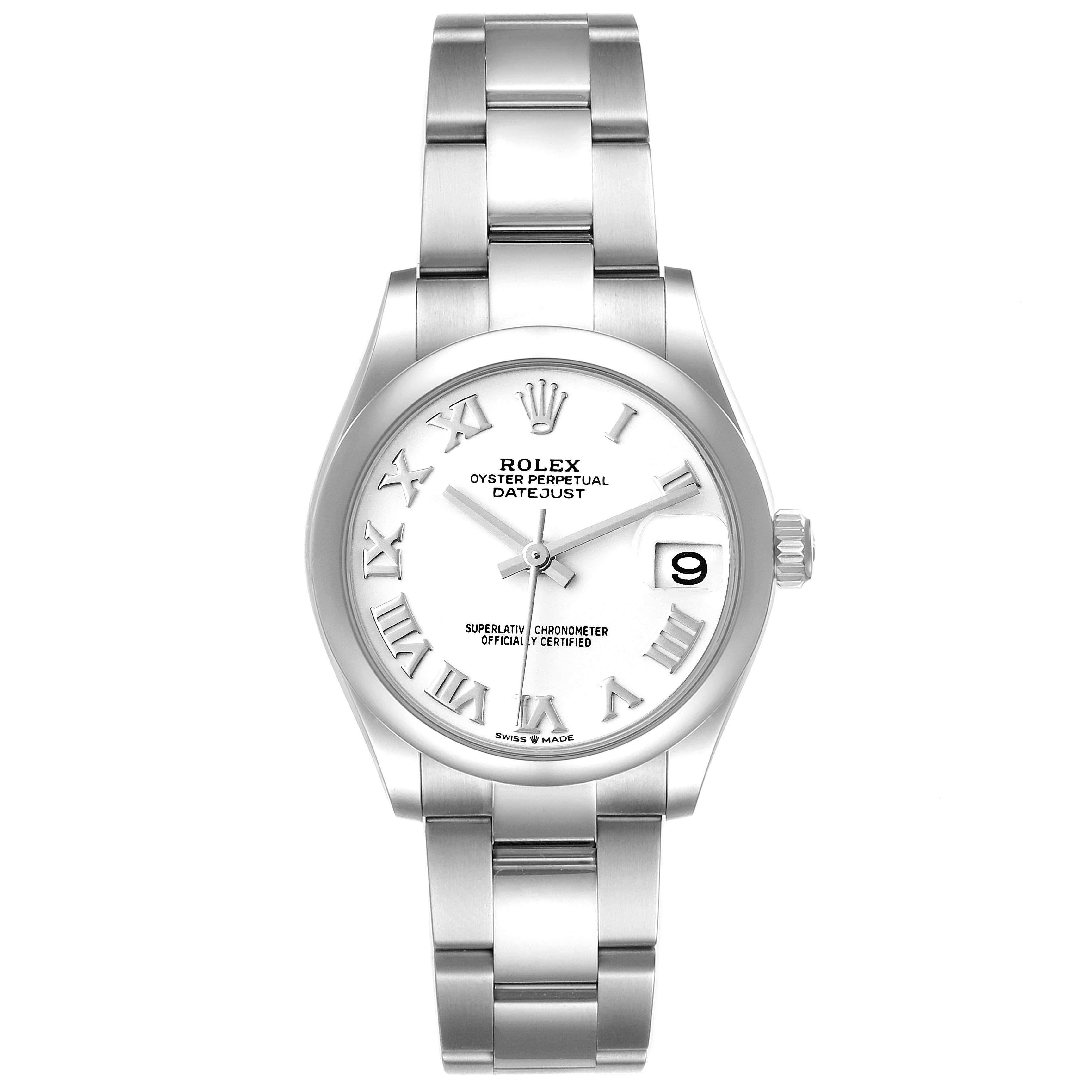 The image shows a Rolex Oyster Perpetual Datejust Mid-Size model from a front angle, displaying the watch face and bracelet.